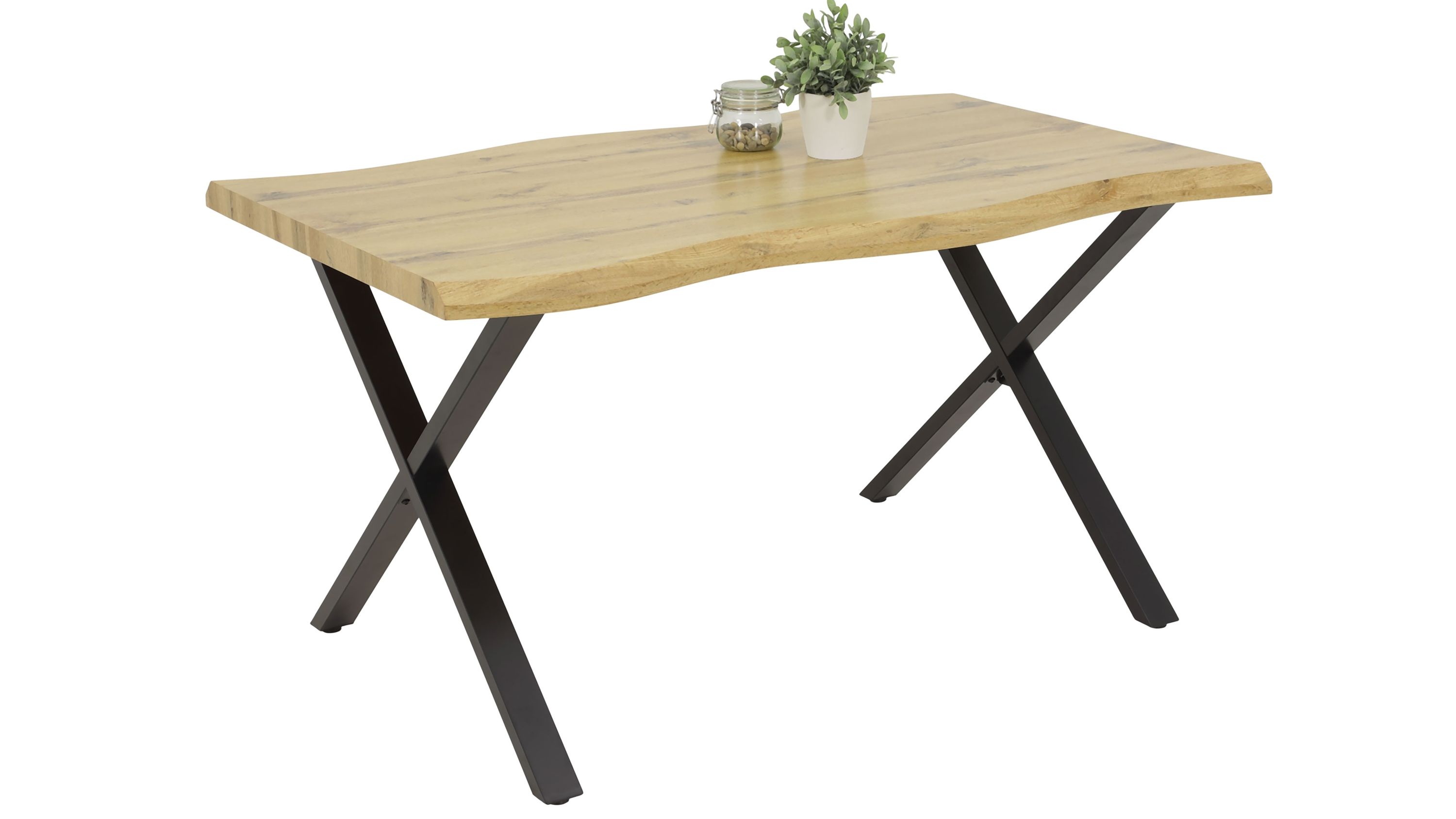 Esstisch mit rechteckiger Holzplatte und schwarzen X-förmigen Metallbeinen