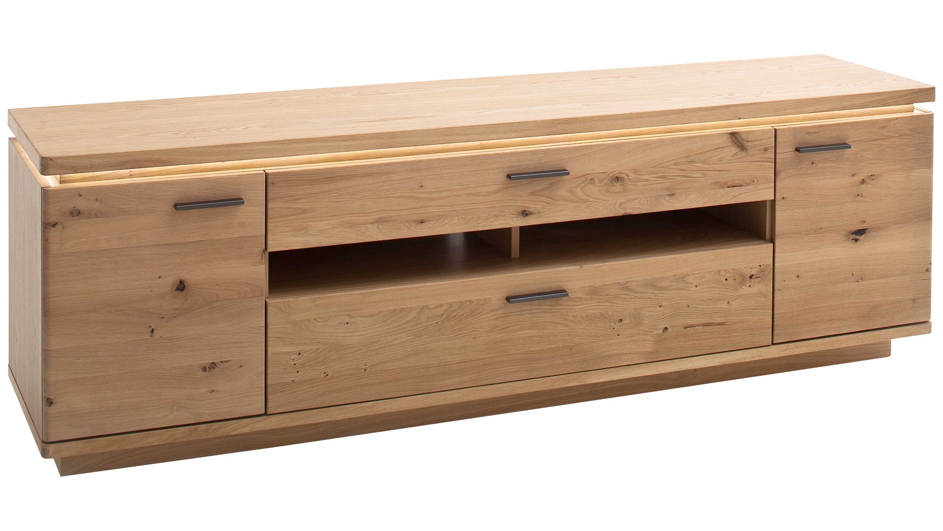 Lowboard aus geölter Balkeneiche mit Türen und Schubladen Lowboard aus geölter Balkeneiche mit zwei Türen drei Schubladen und offenem Fach in Holzfarbe