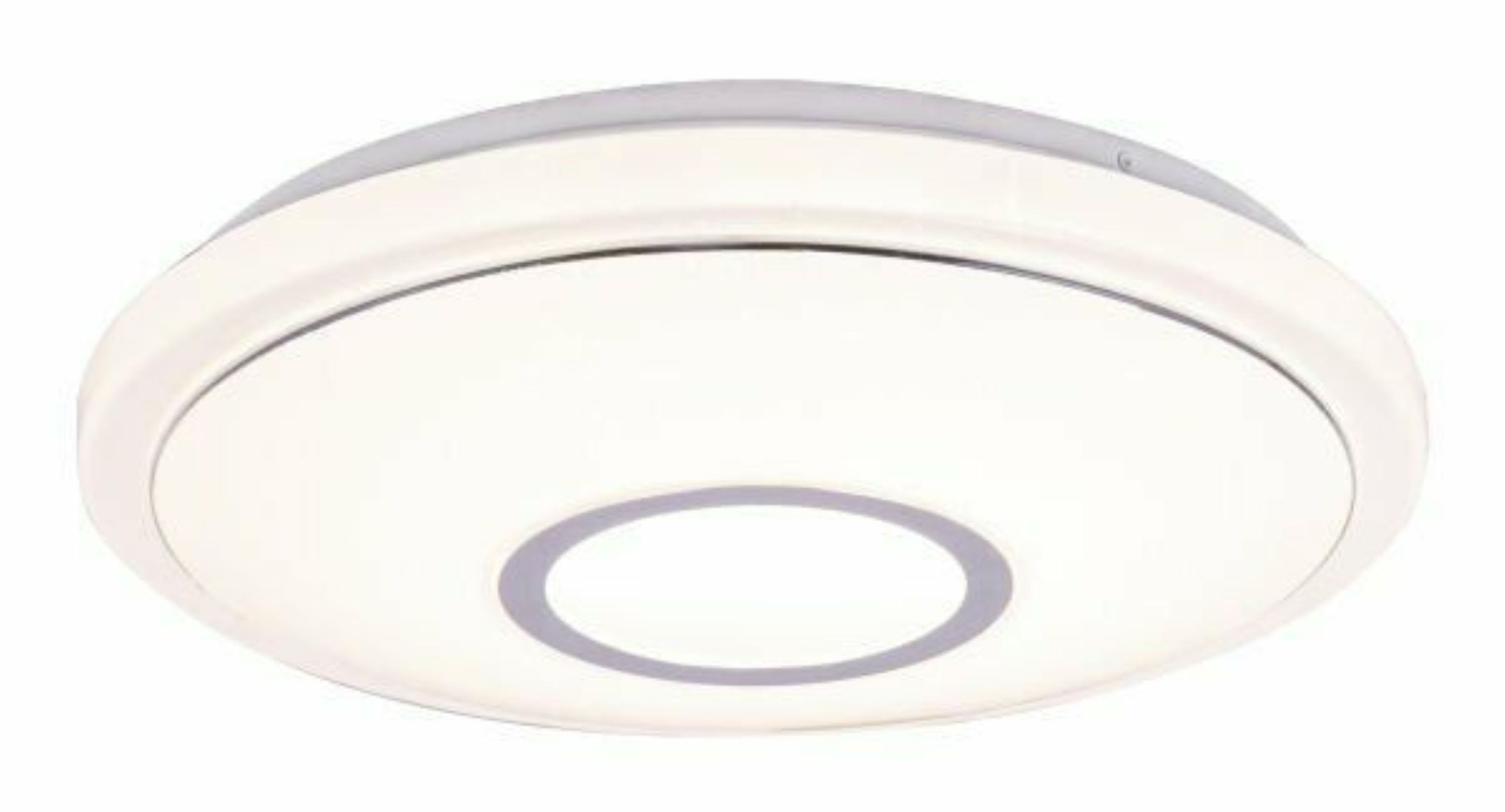 Runde, weiße Deckenleuchte mit zentralem Kreisdesign und glattem Außenrand, frontal von unten fotografiert.