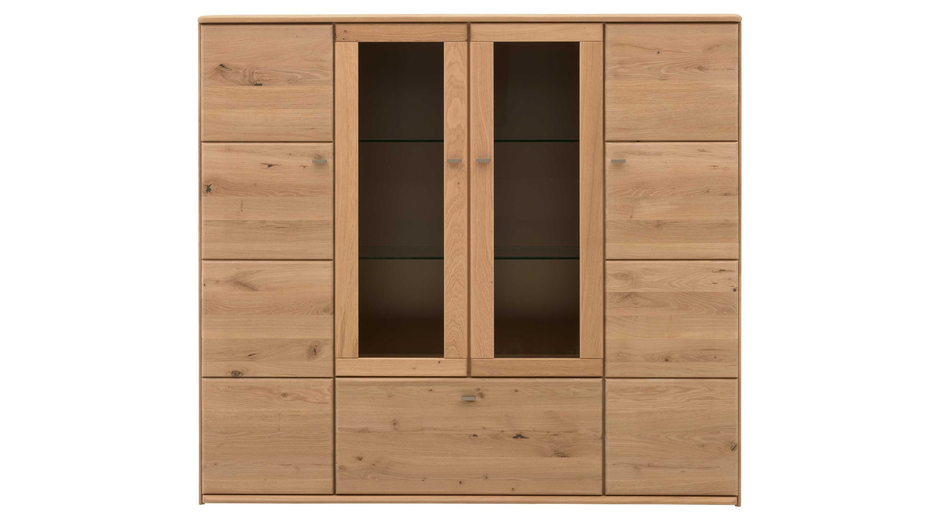 Highboard mit Glastüren und Holztüren in Naturfarbe Highboard mit vier Holztüren einem Auszug und zwei Glastüren in der Mitte naturfarben