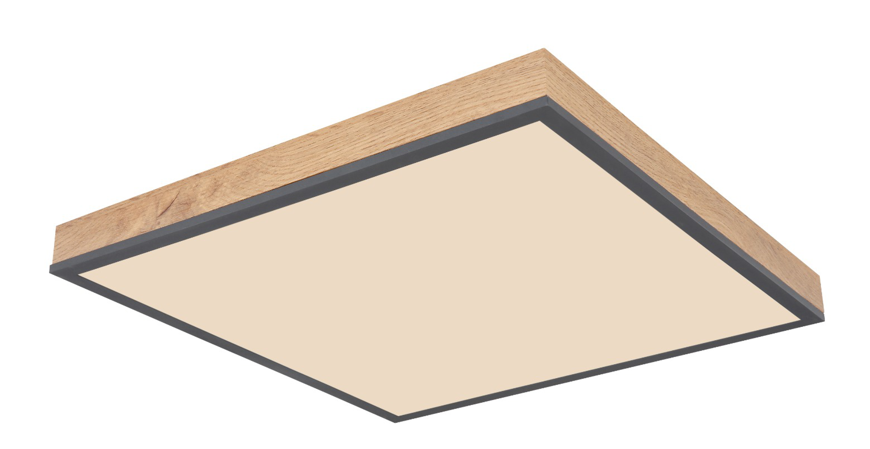 Quadratische Deckenleuchte aus Aluminium mit flachem  dimmbarem Panel  schräg freigestellt fotografiert