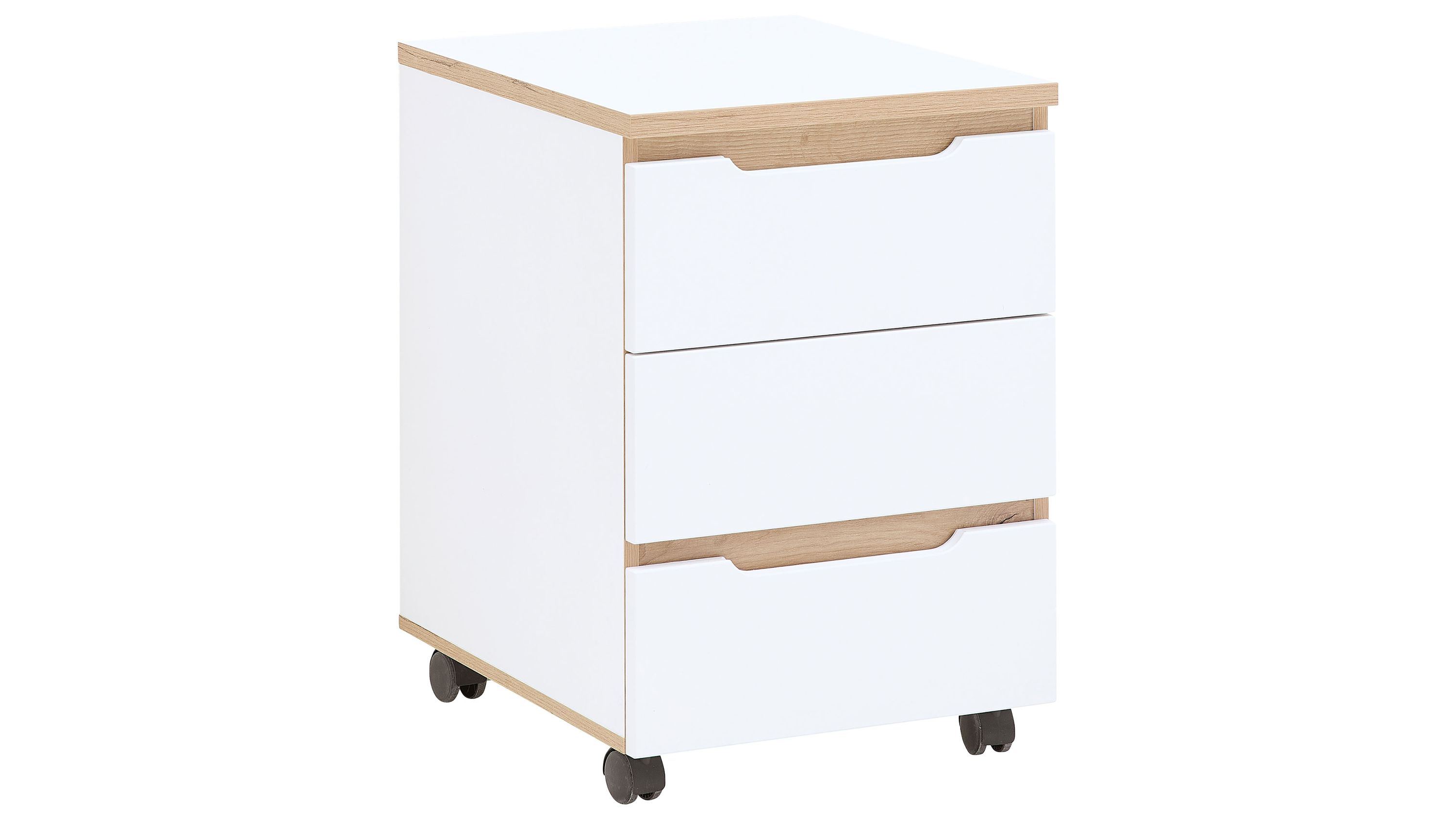 Rollcontainer mit drei Schubladen in Weiß und Holzoptik Rollcontainer mit drei weißen Schubladen und hellbraunen Kanten auf Rollen