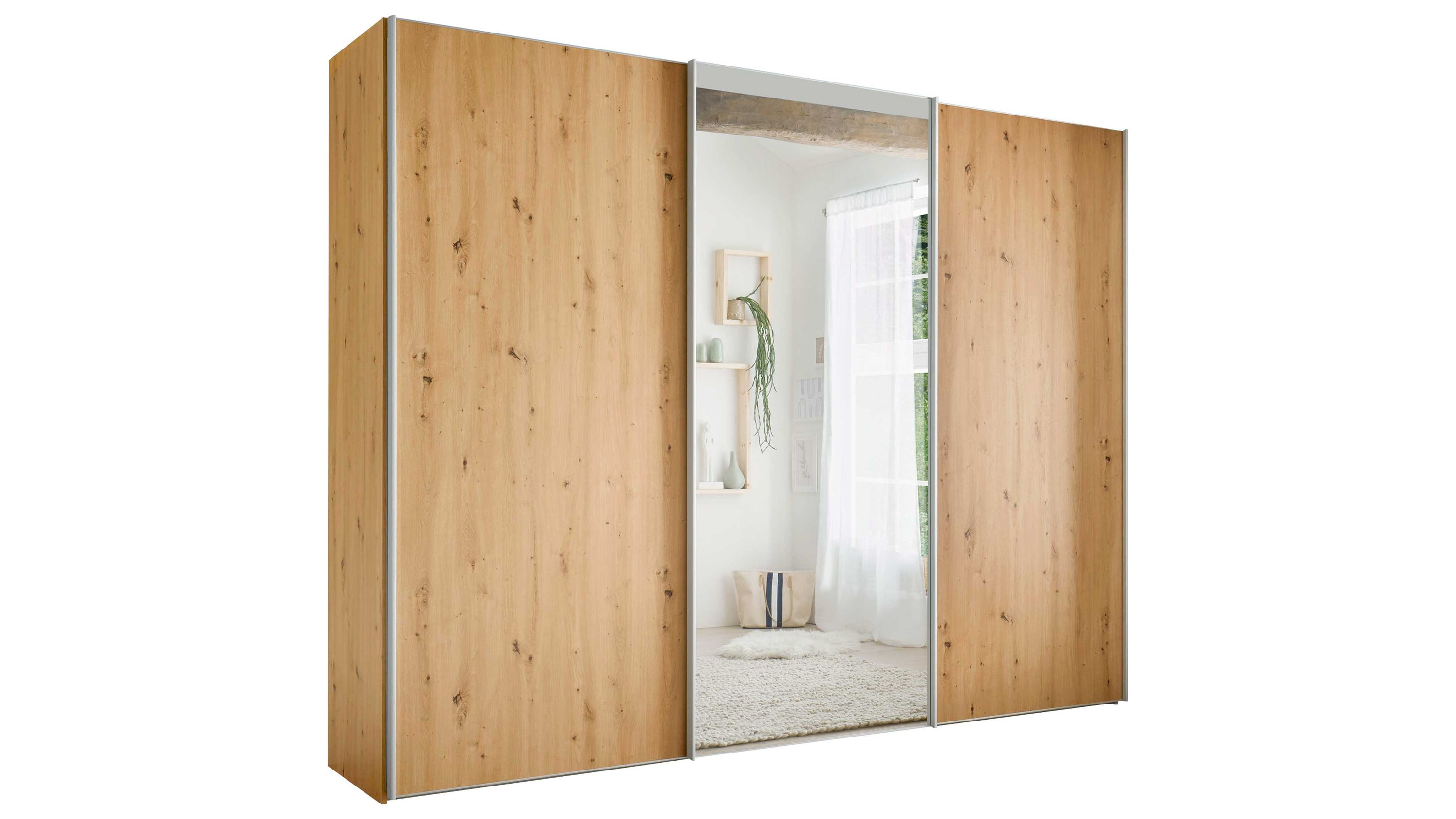 Dreiteiliger Schwebetürenschrank mit zwei holzfarbenen Türen und einer mittleren Spiegeltür