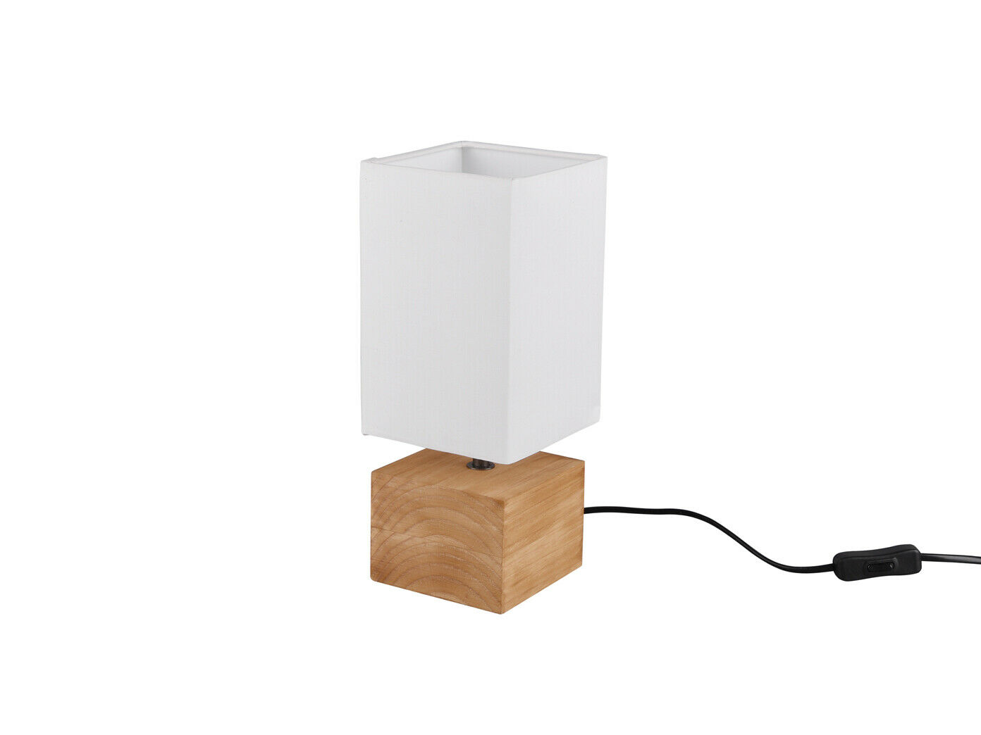 Kleine Tischlampe mit Holzfuß und weißem Schirm Kleine Tischlampe mit Holzfuß, rechteckigem weißen Schirm und schwarzem Kabel, frontal fotografiert