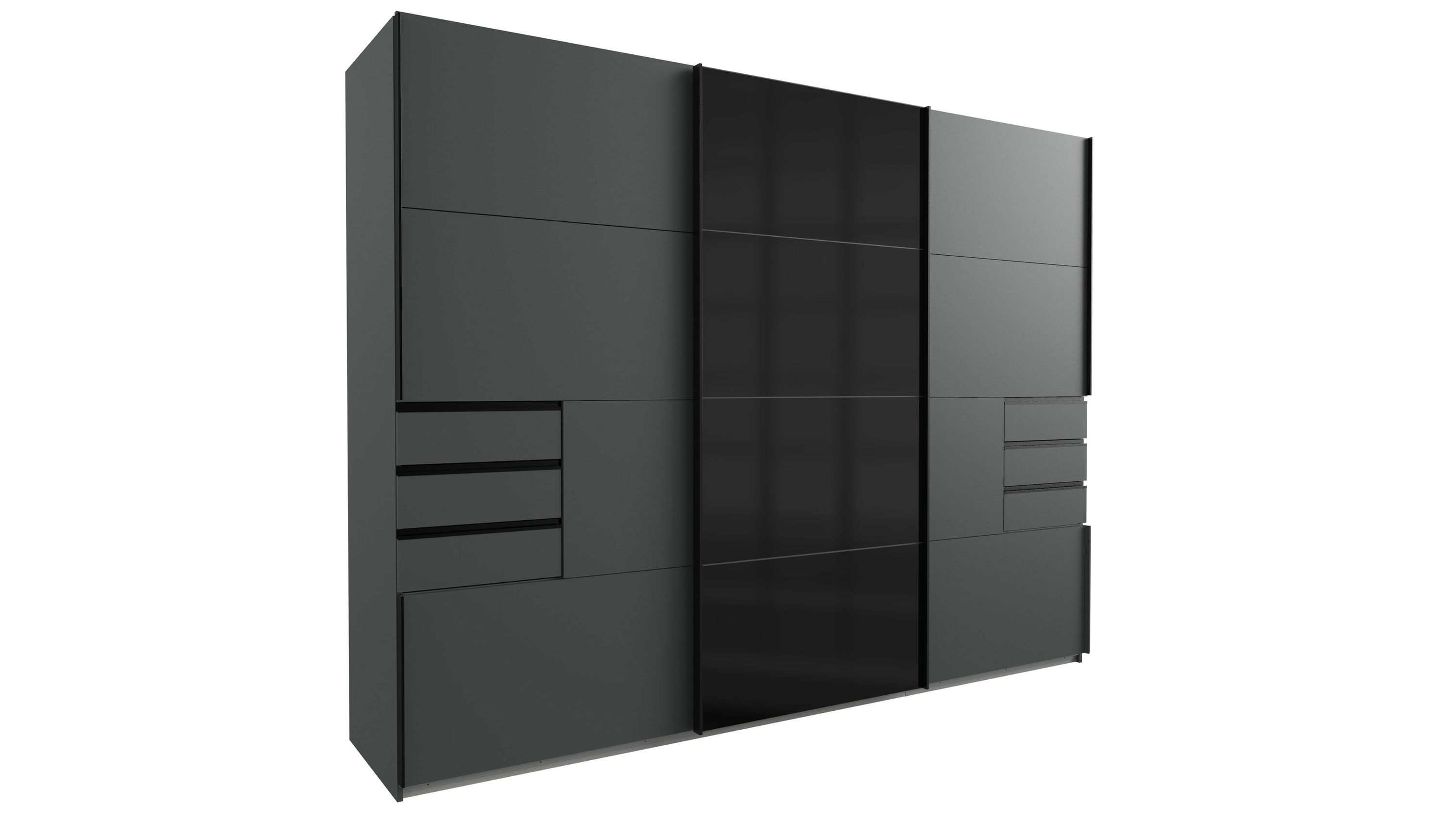 Dunkler Kleiderschrank mit schwarzer Glasfront Großer Kleiderschrank mit mehreren Türen und Schubladen in dunkler Farbe und schwarzer Glasfront
