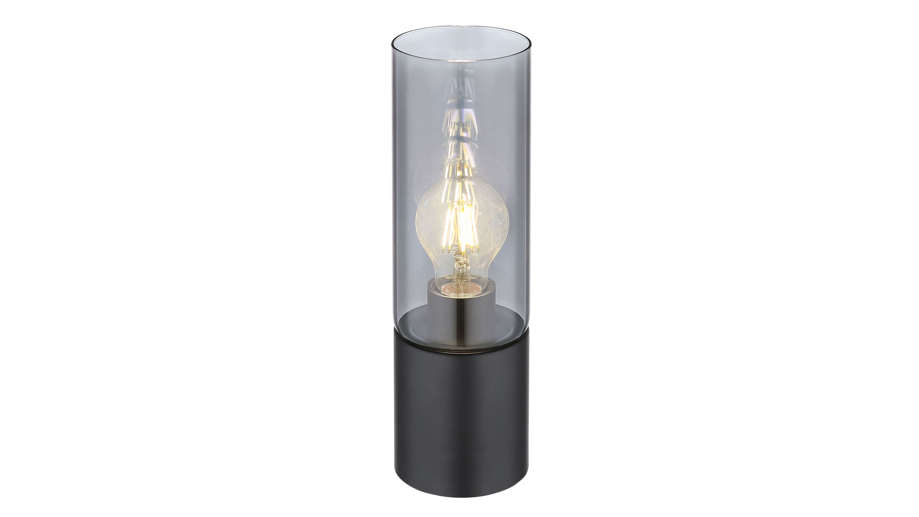 Zylindrische Tischlampe mit mattschwarzem Sockel und rauchfarbenem Glaszylinder