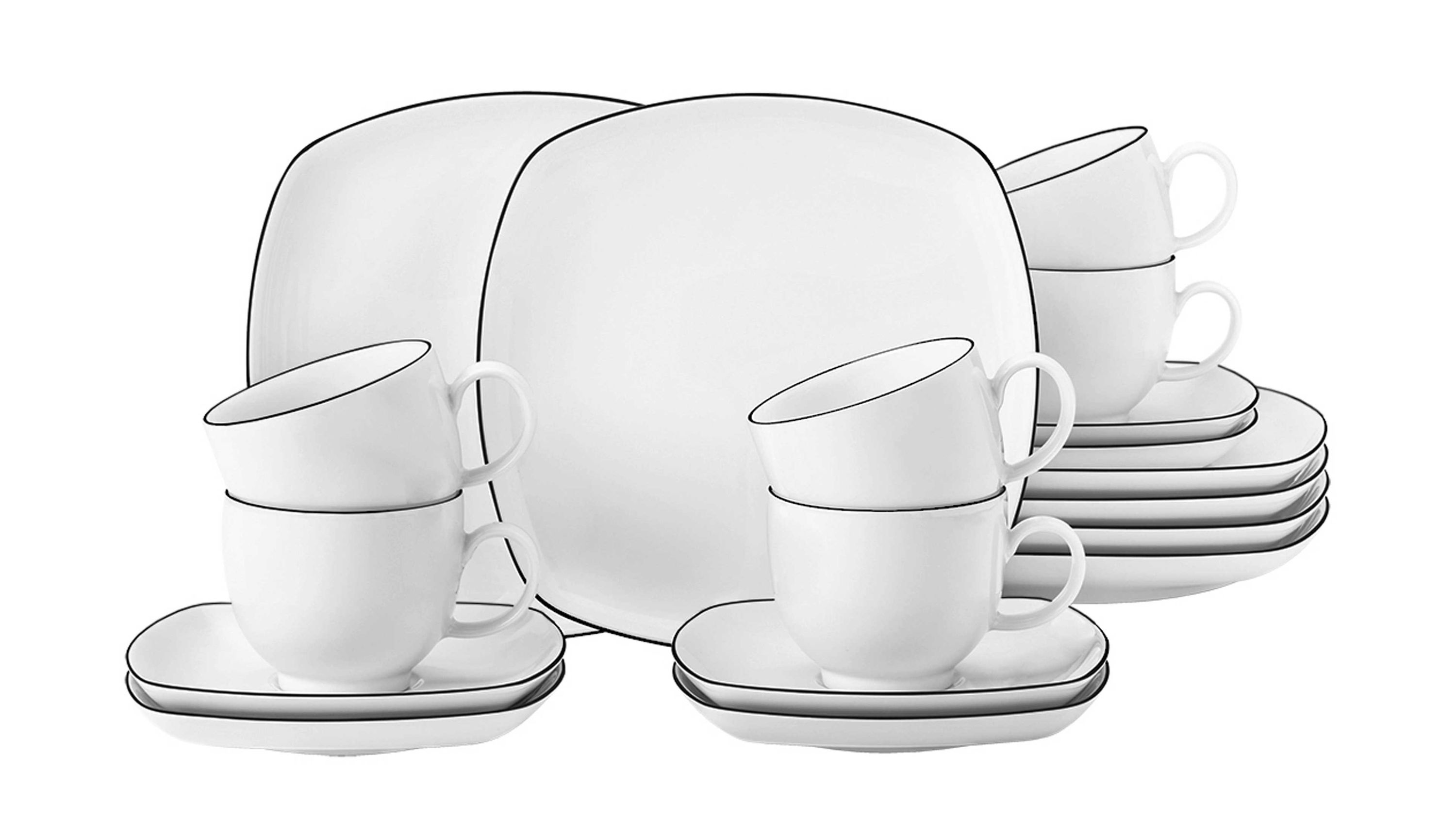 Weißes eckiges Kaffeeservice mit Tassen und Untertassen mit schwarzem Rand