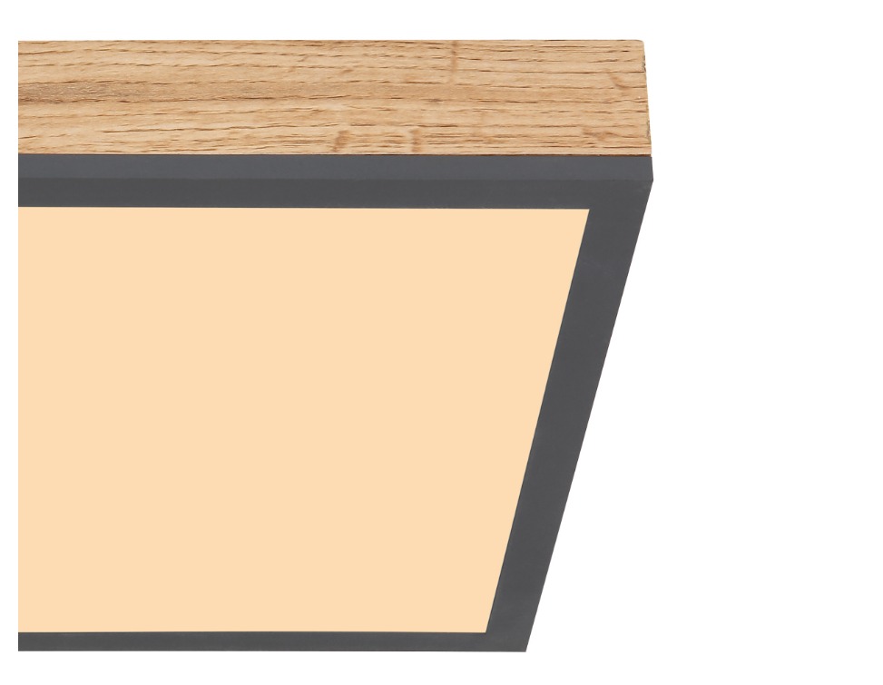 Moderne Deckenleuchte Aluminium mit Holzdetail und schwarzem Rahmen Quadratische Deckenleuchte aus Aluminium mit Holzdetail und schwarzem Rahmen  frontal freigestellt fotografiert