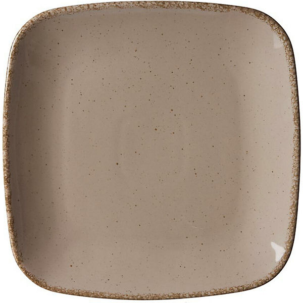 Quadratischer Steingut-Teller in Beige mit sanft abgerundeten Ecken und natürlicher  gesprenkelter Oberfläche