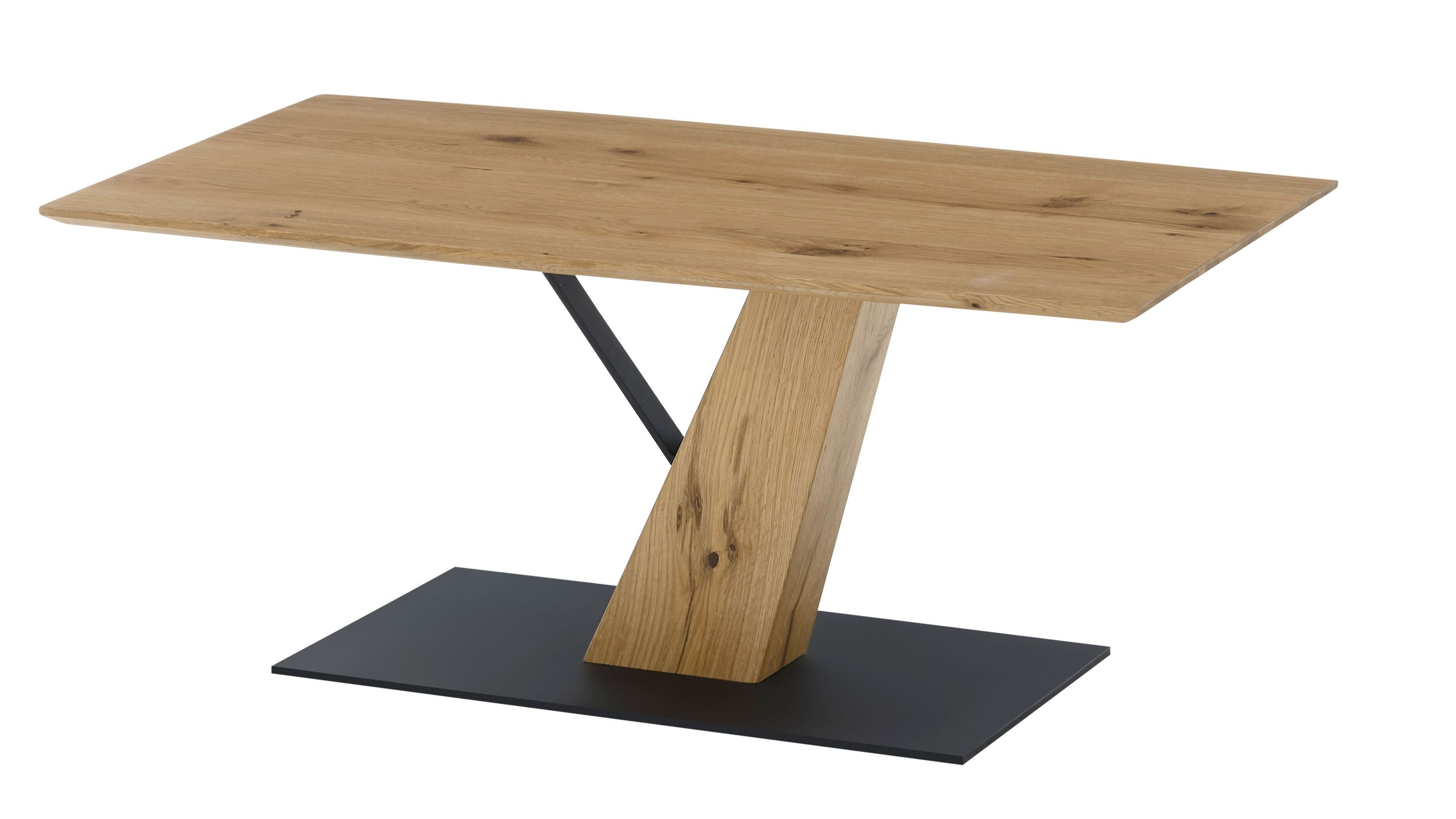 Rechteckiger Couchtisch mit Holzplatte und schrägem Holzbein auf schwarzer rechteckiger Basis