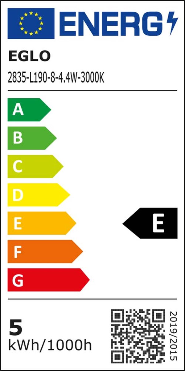 Energieeffizienzlabel für Eglo LED-Deckenleuchte mit Klasse?E  QR-Code  EU-Logo und Stromverbrauch von 5?kWh/1000h