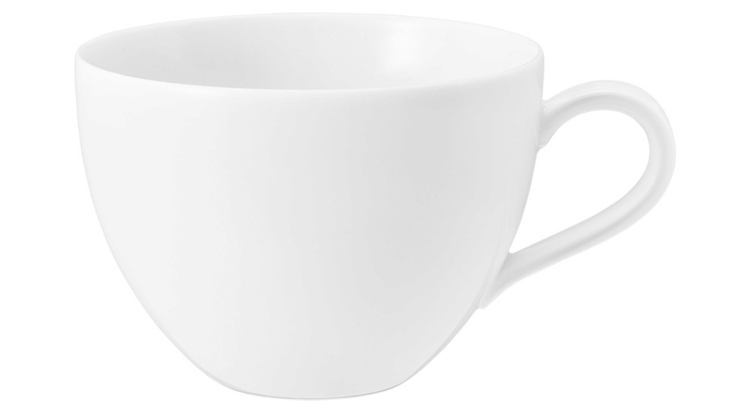 Weiße Tasse mit rundem Körper und Henkel aus Porzellan