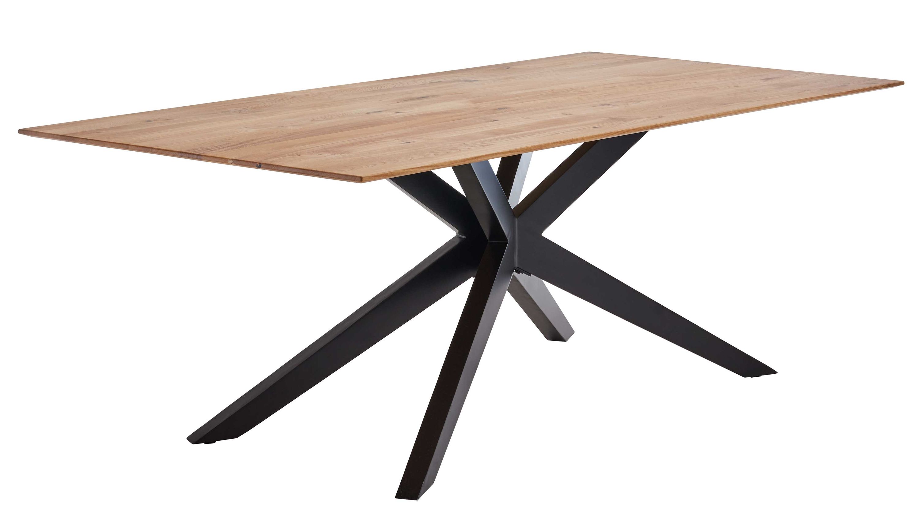 Rechteckiger Esstisch mit hellem Holzplatte und schwarzem matt lackiertem Metallgestell in X-Form