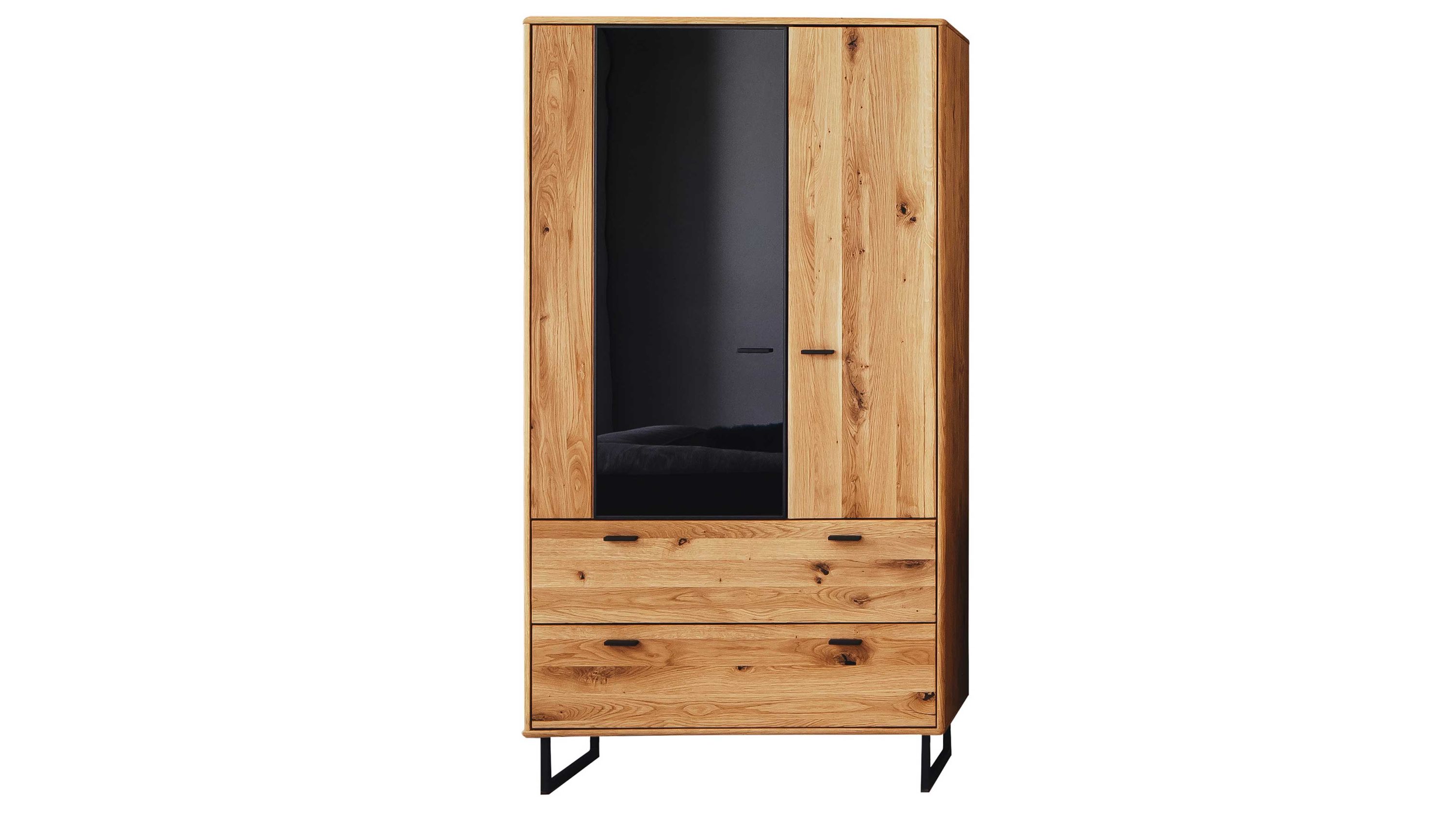 Kombivitrine mit zwei Türen zwei Schubladen Holzoptik und dunkler Glastür