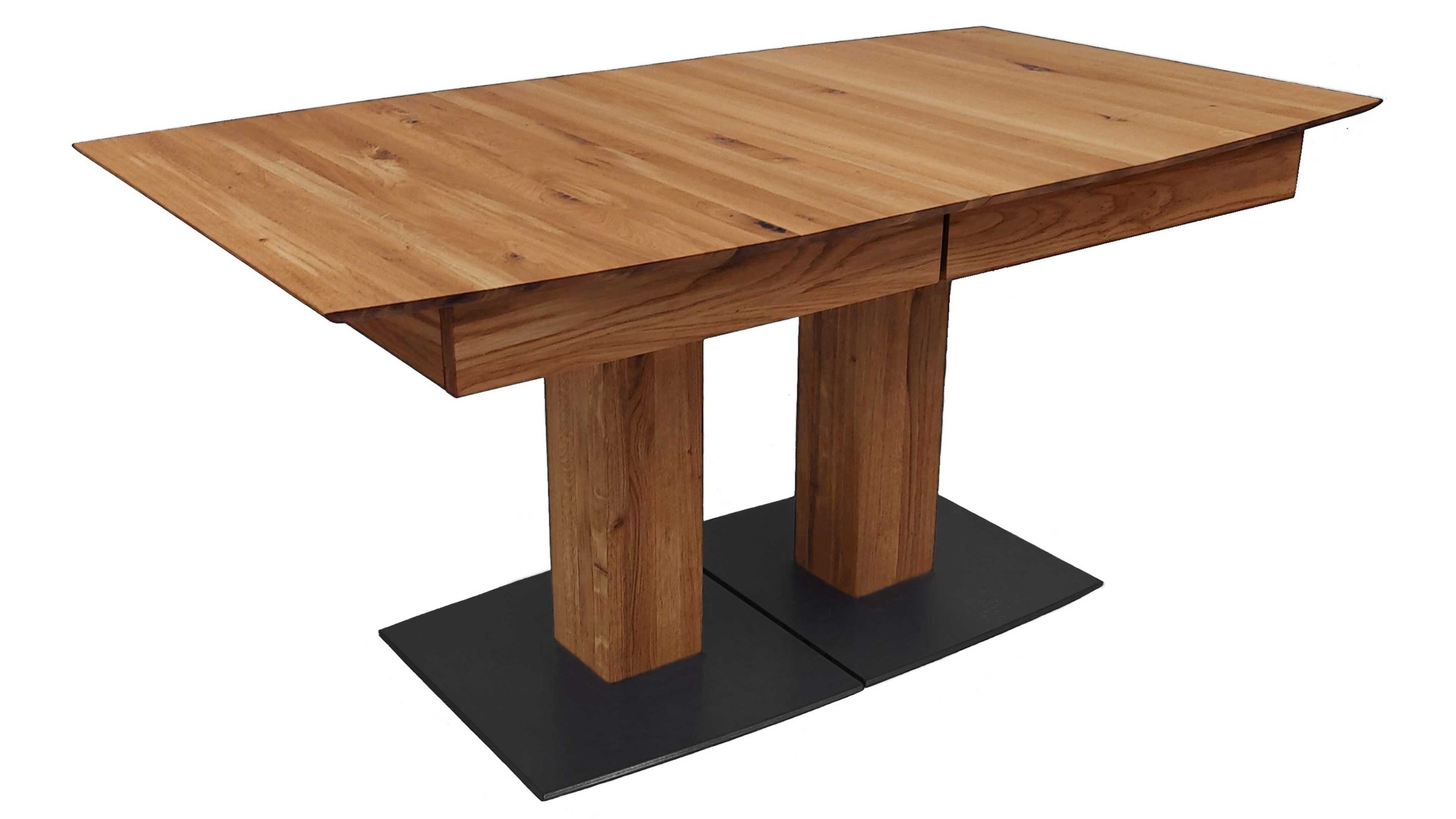 Ausziehtisch mit rechteckiger Holzplatte und zwei Holzsäulen auf schwarzen rechteckigen Standplatten