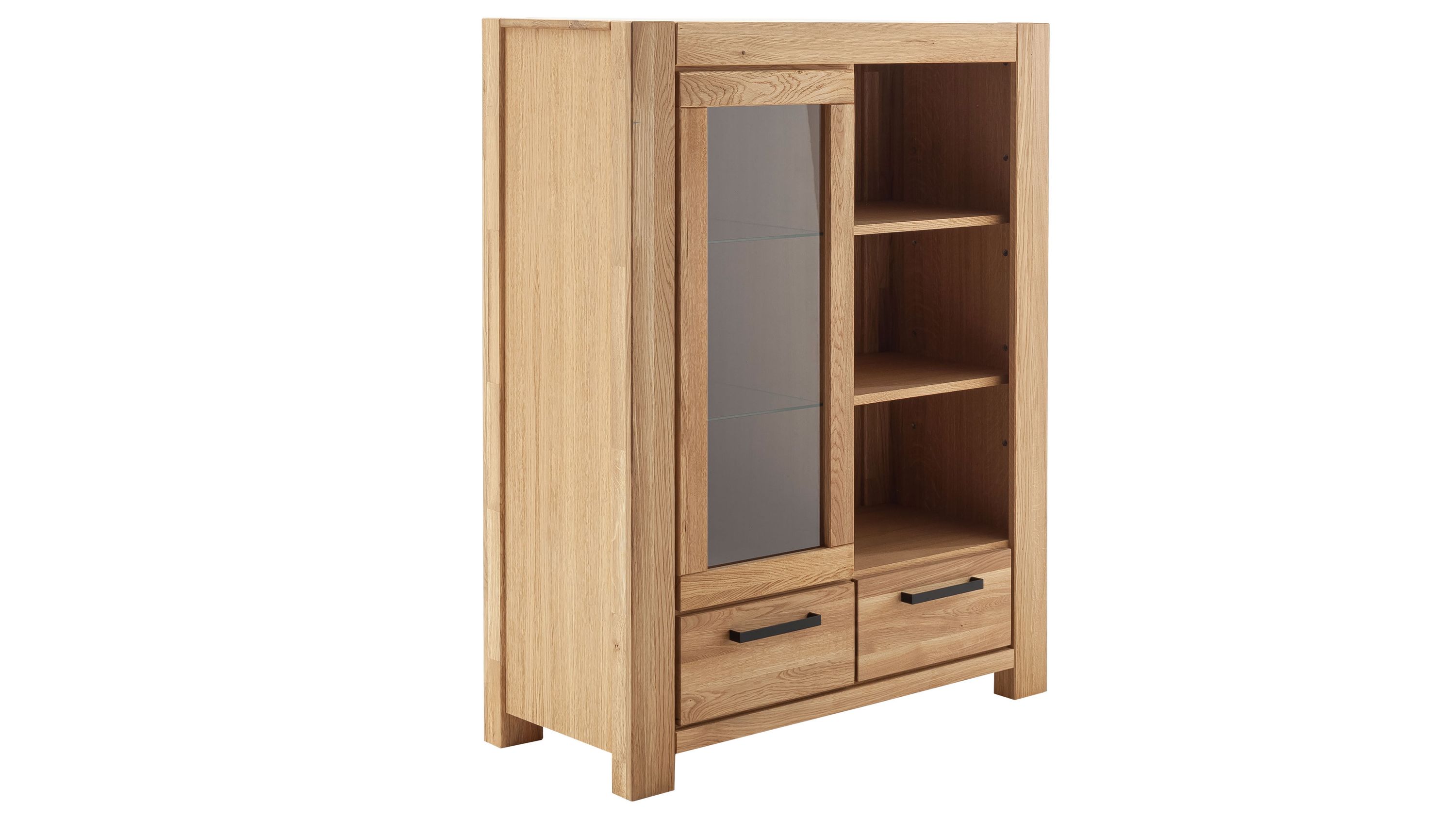 Kombi-Highboard aus hellem Holz mit zwei Schubladen einer Glastür und drei offenen Fächern