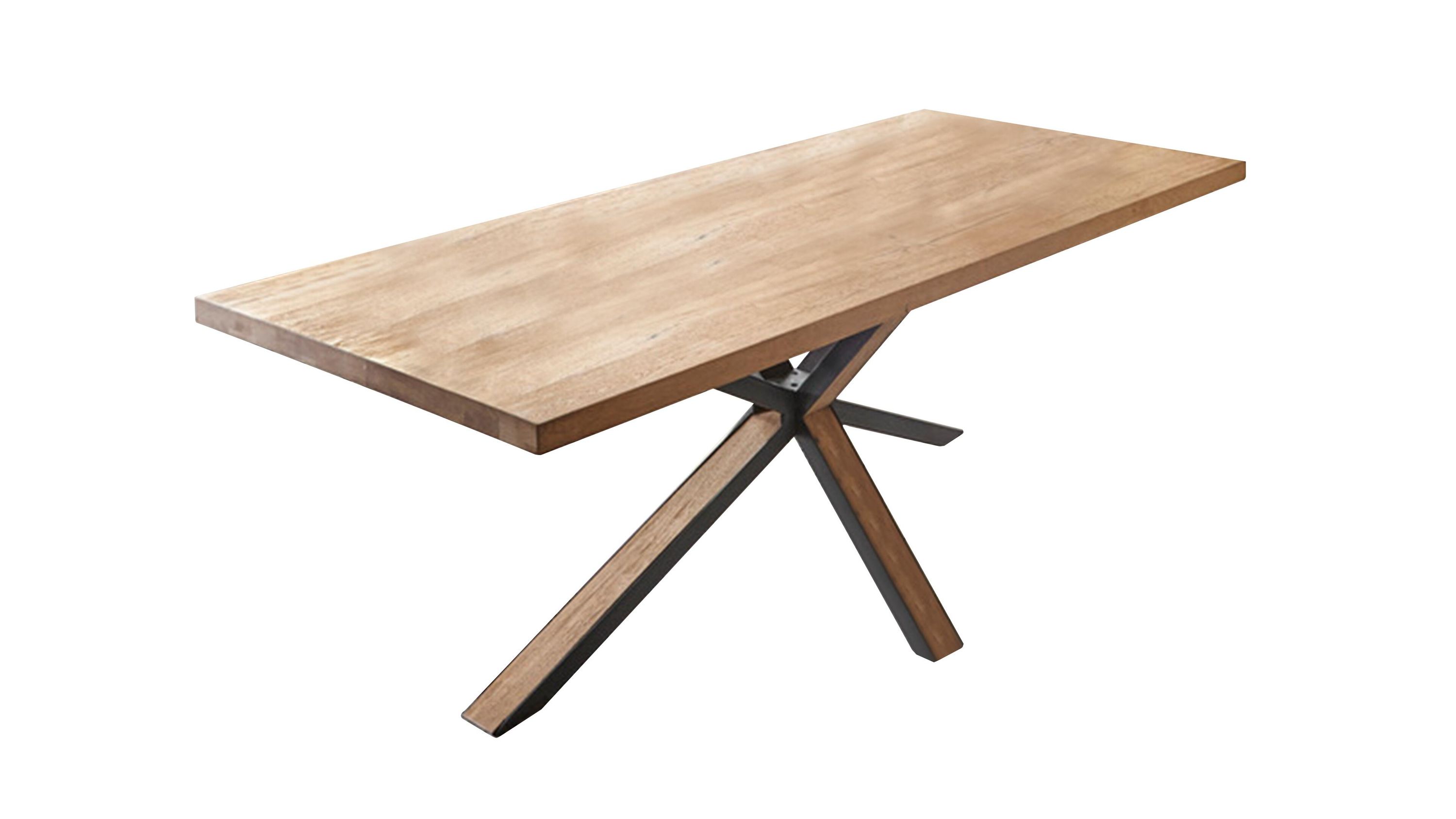 Esstisch mit Holzplatte und Metallgestell Rechteckiger Esstisch mit brauner Holzplatte und X-förmigem Metallgestell