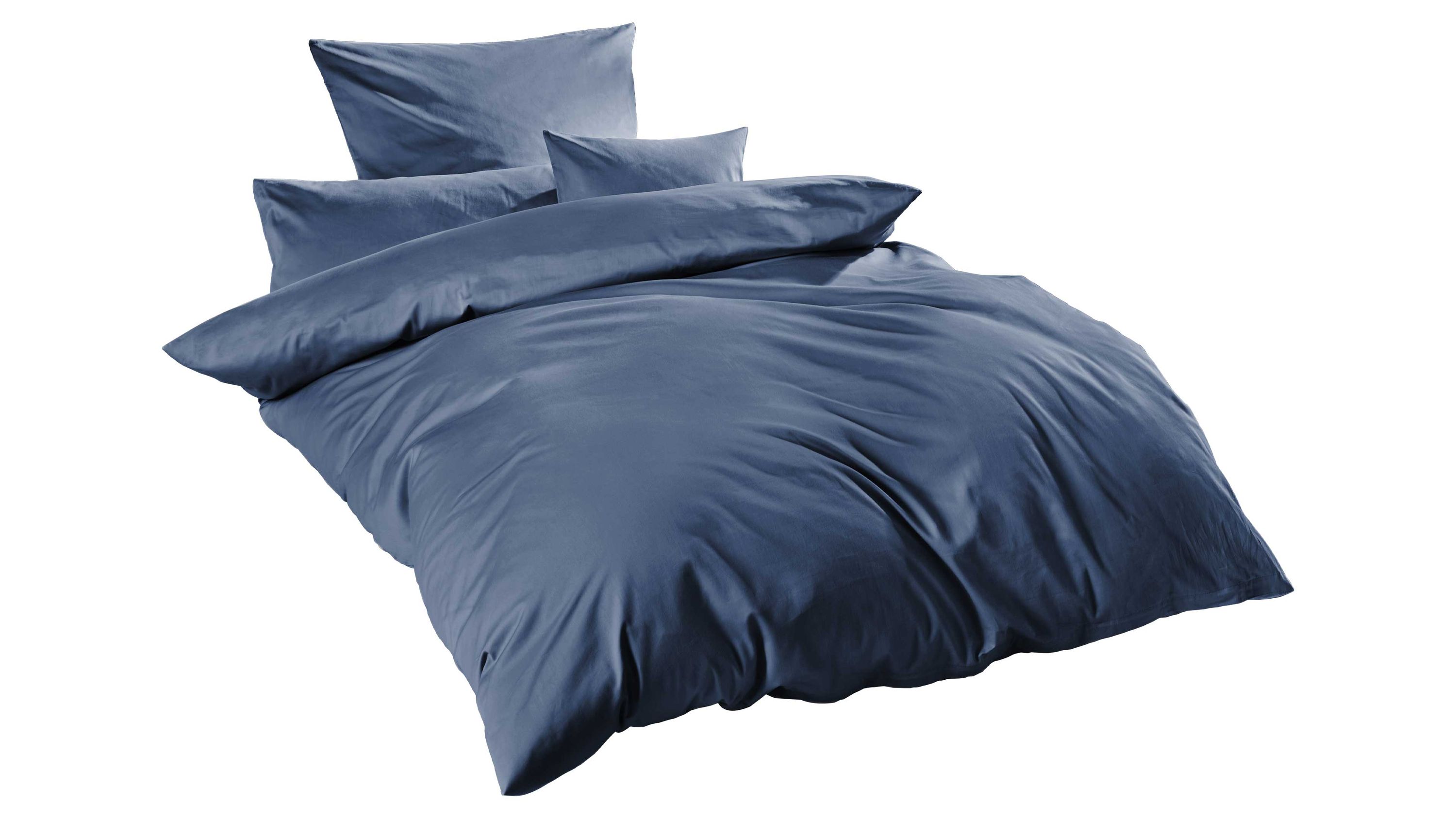 Zweiteilige Bettwäsche in denimblau mit Kissenbezügen und Deckenbezug aus Satin