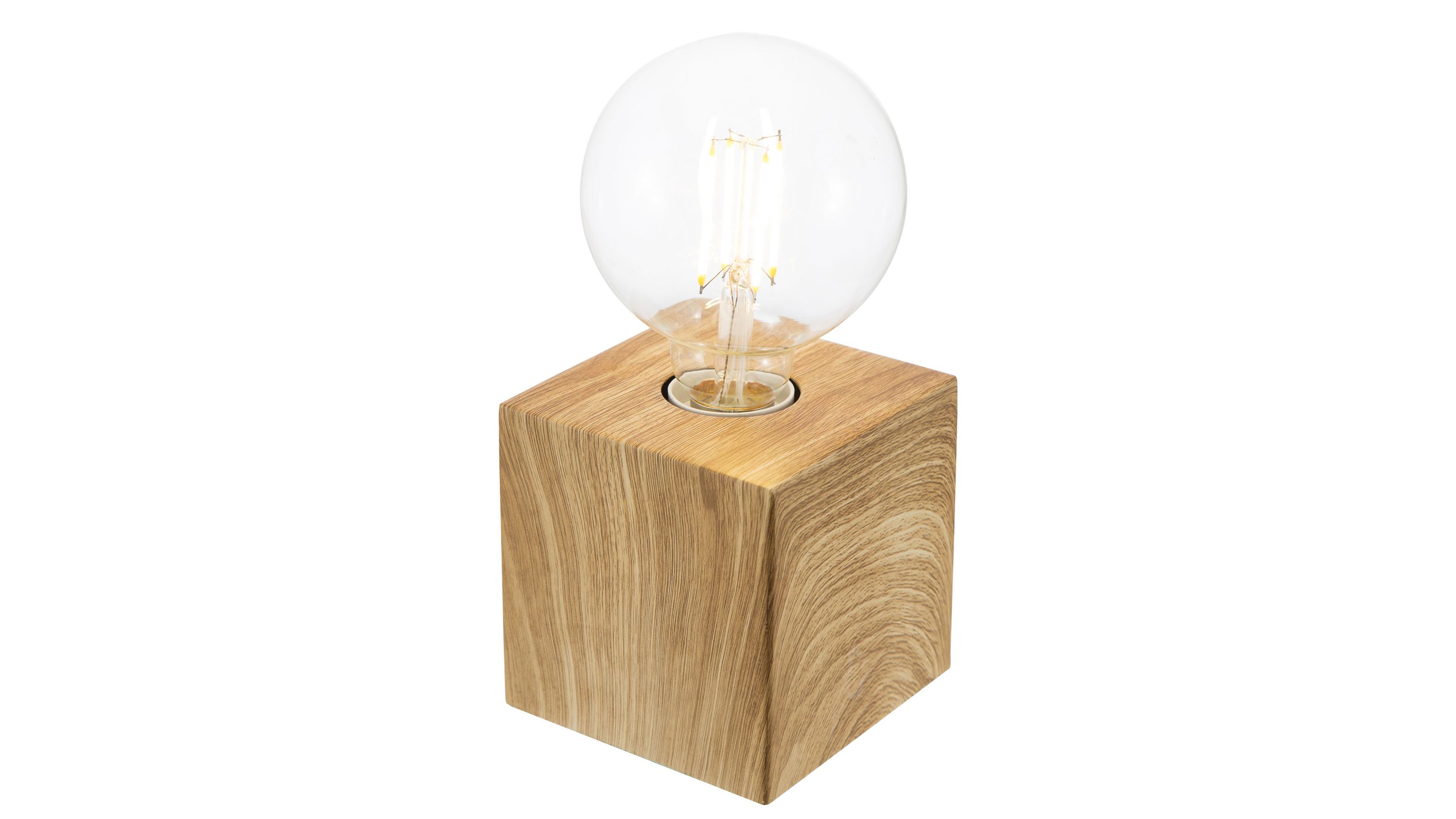 Tischlampe mit eichefarbenem Sockel und Glühbirne Tischlampe mit quadratischem eichefarbenem Sockel und großer klarer Glühbirne