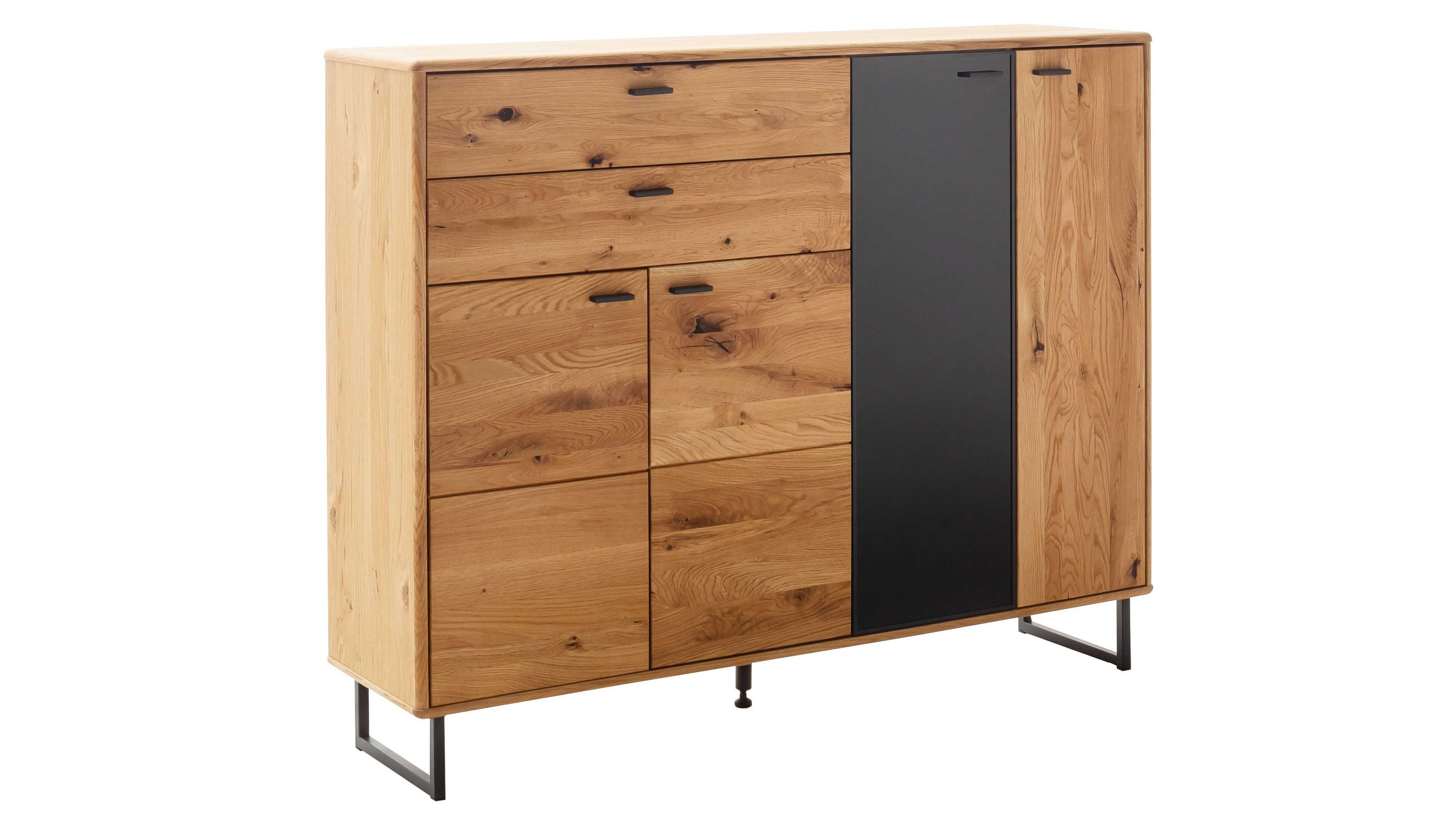 Highboard mit drei Türen und zwei Schubladen in Holzoptik und anthrazitfarbenem Türteil auf Metallbeinen
