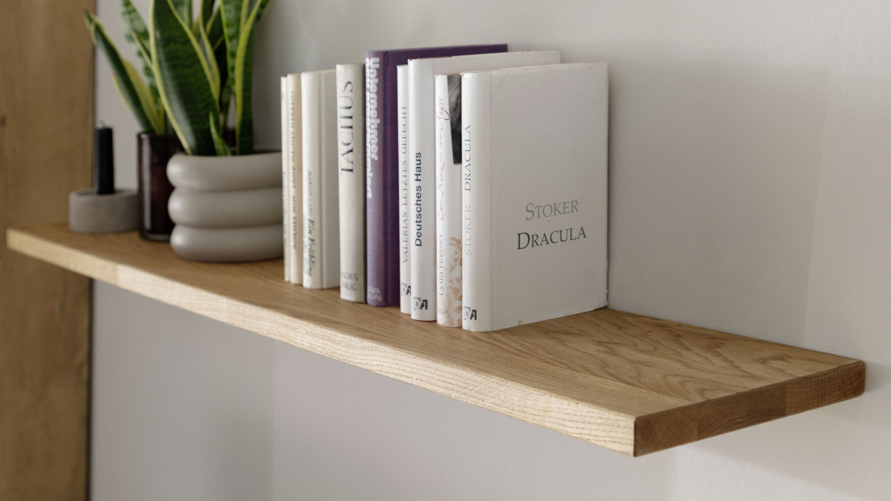 Wandregal aus hellem Holz mit Büchern Wandregal aus hellem Holz mit Büchern und Pflanzen darauf