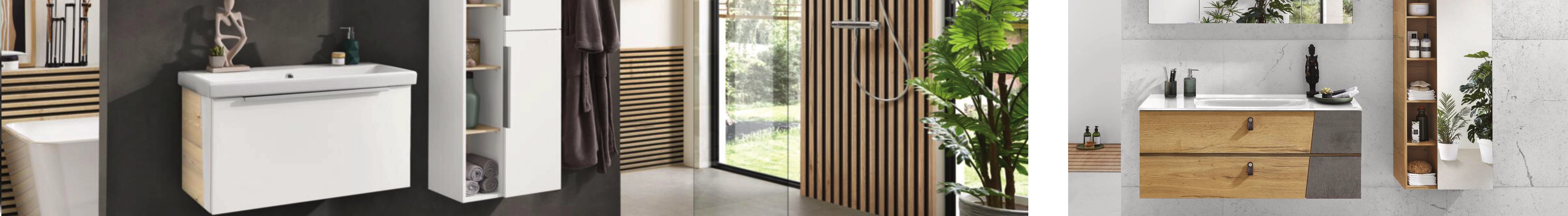 Moderne Badezimmermöbel mit Waschbecken, Stauraum und Spiegel, kombiniert mit Holz- und Weiß-Elementen.