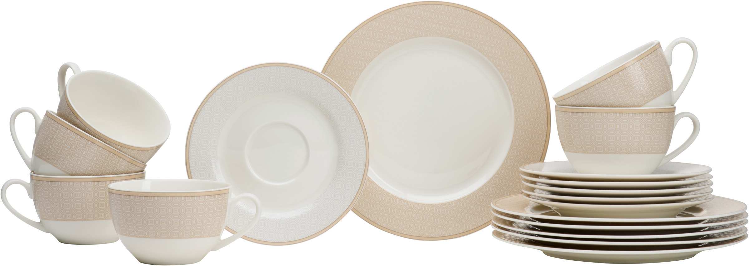 Beige Kaffee-Set mit Tassen Untertassen und Tellern mit geometrischem Muster