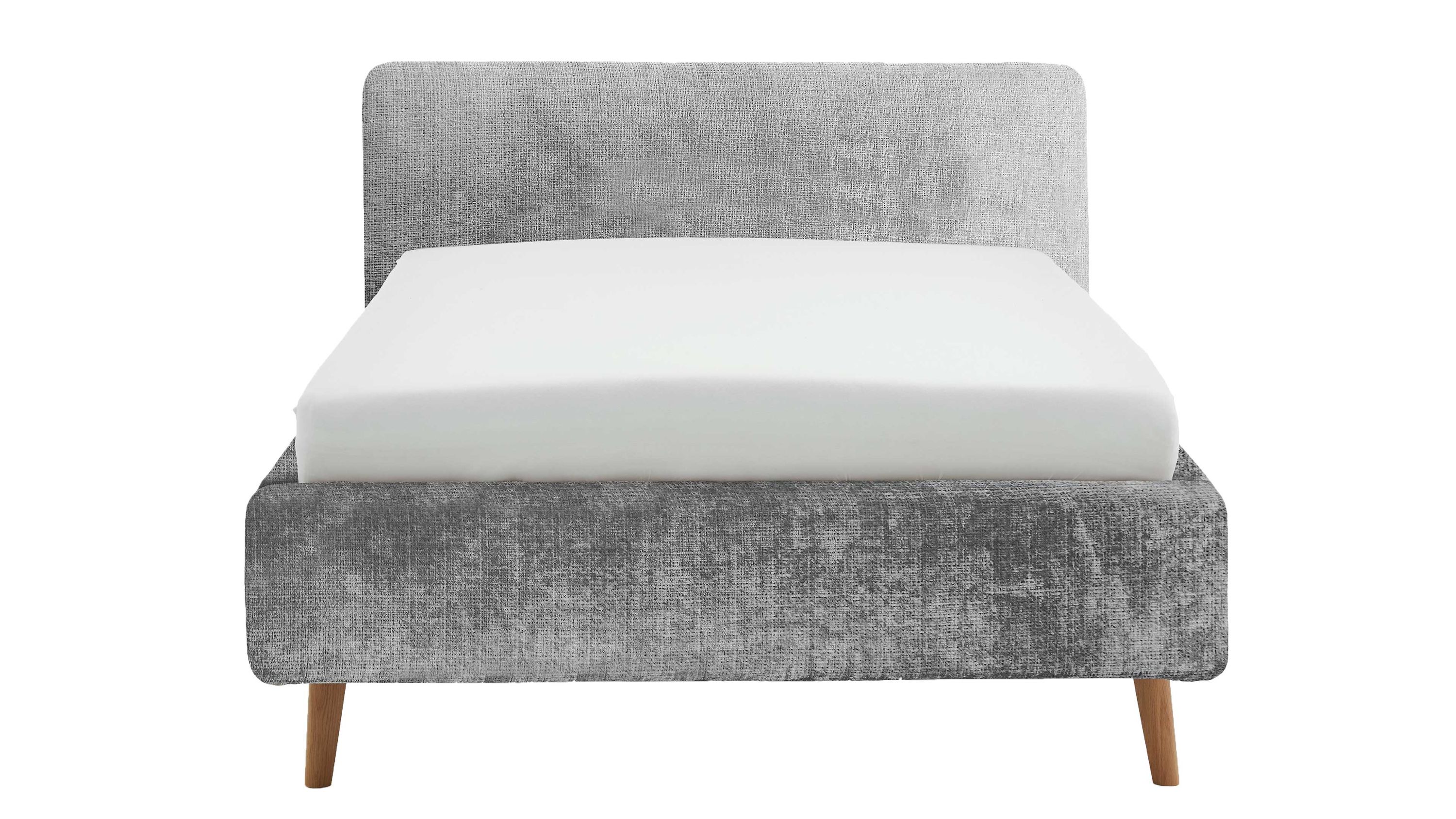 Polsterbett mit grauem Bezug und Holzfüßen Polsterbett mit grauem Stoffbezug und Holzfüßen frontal mit weißer Matratze