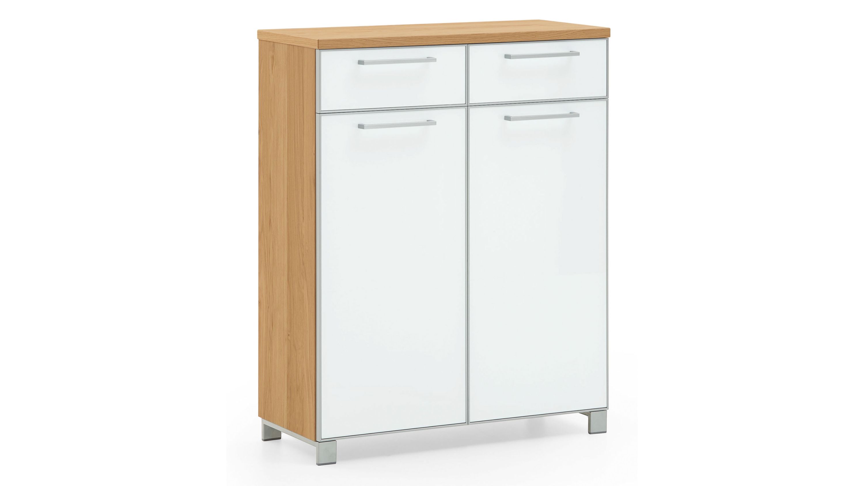 Schuhschrank mit weißen Glastüren und Holzoptik Schuhschrank mit zwei weißen Glastüren und zwei Schubladen Korpus in Holzoptik Metallgriffe und Füße