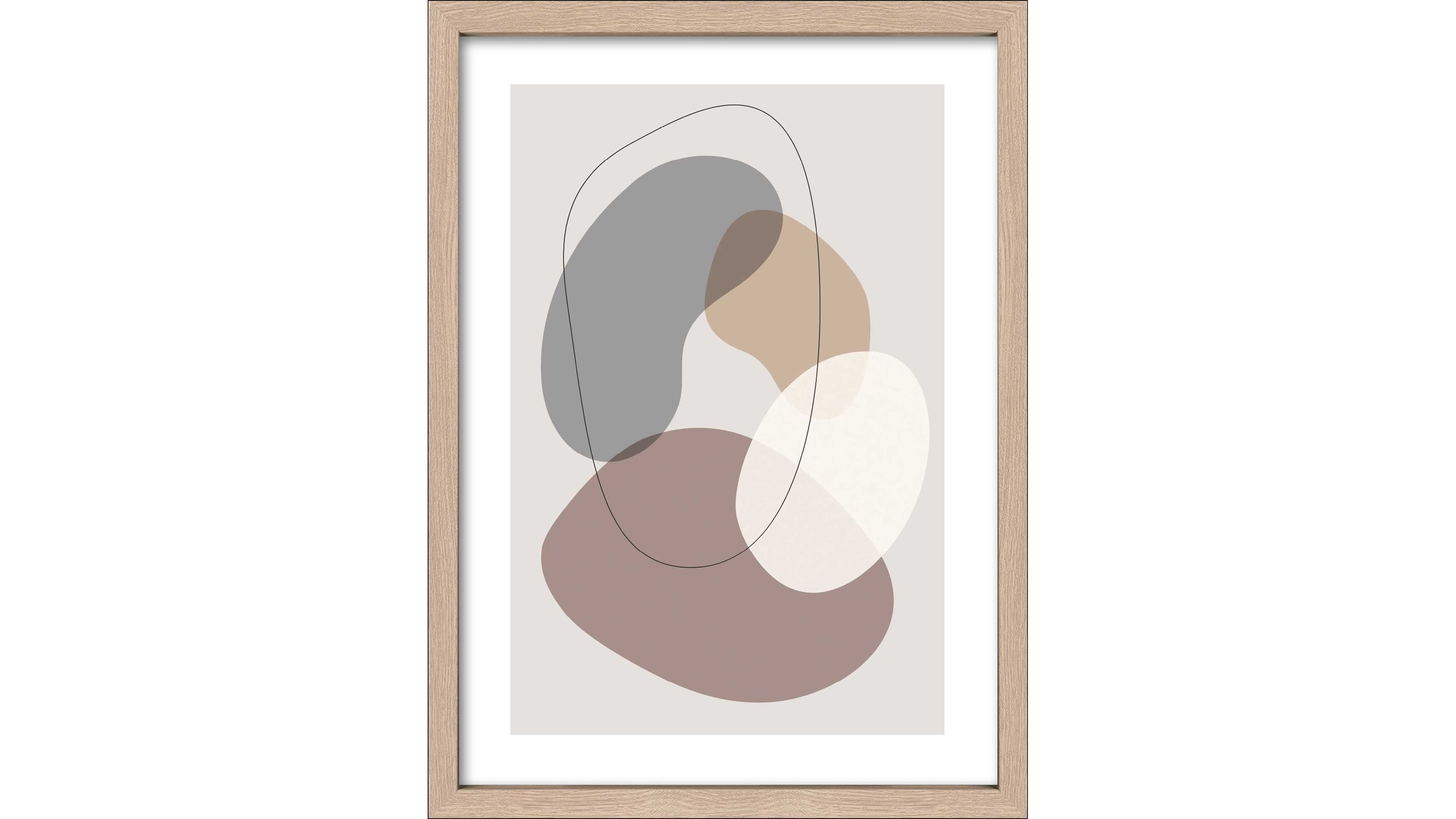 Kunstdruck mit abstrakten organischen Formen in Grau Braun Beige und Weiß in hellem Holzrahmen
