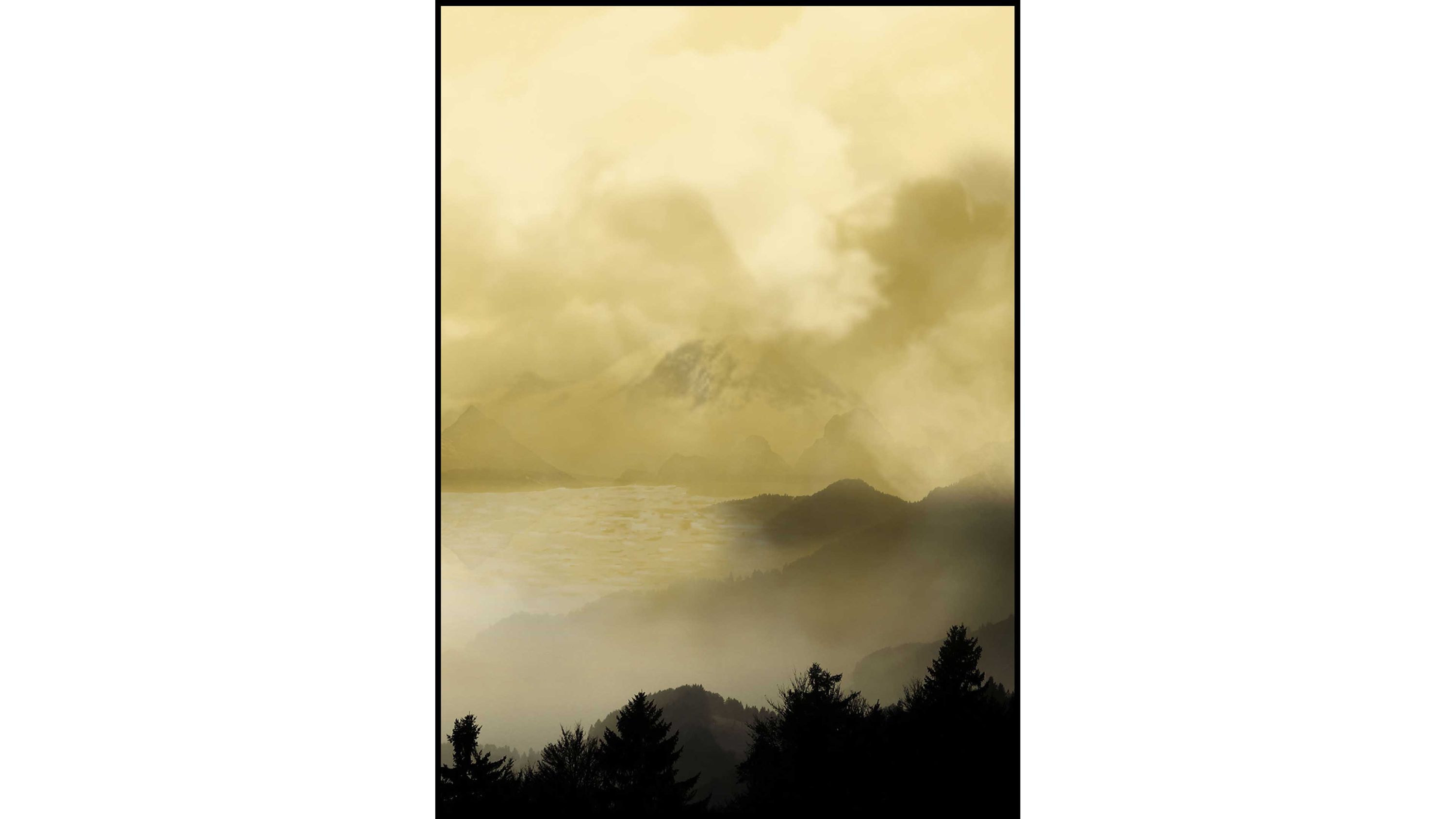Posterdruck mit Landschaftsmotiv in gelblichen und schwarzen Farbtönen mit Bäumen im Vordergrund und Nebel