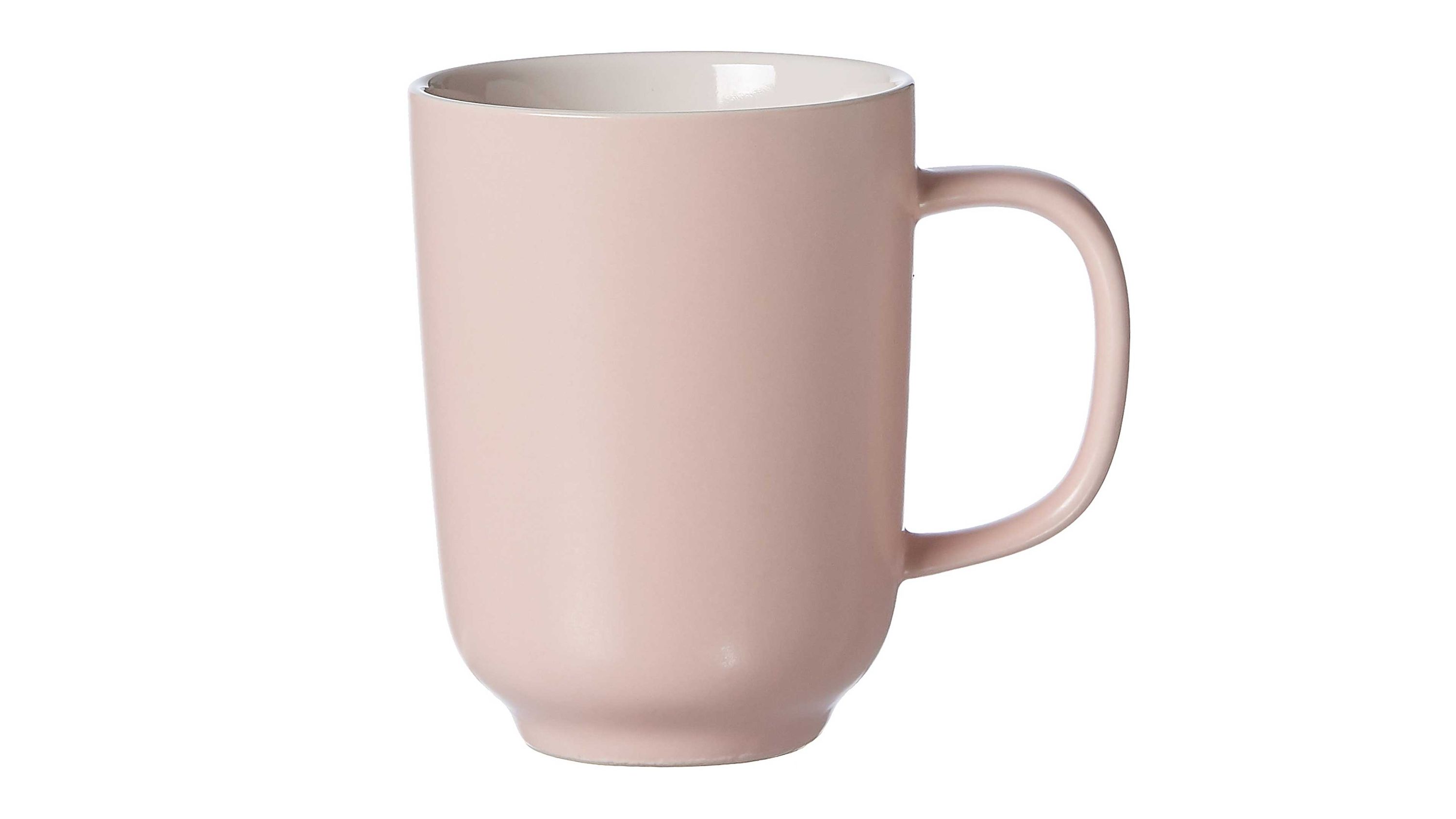 Rosa Kaffeebecher mit rundem Henkel und glatter Oberfläche