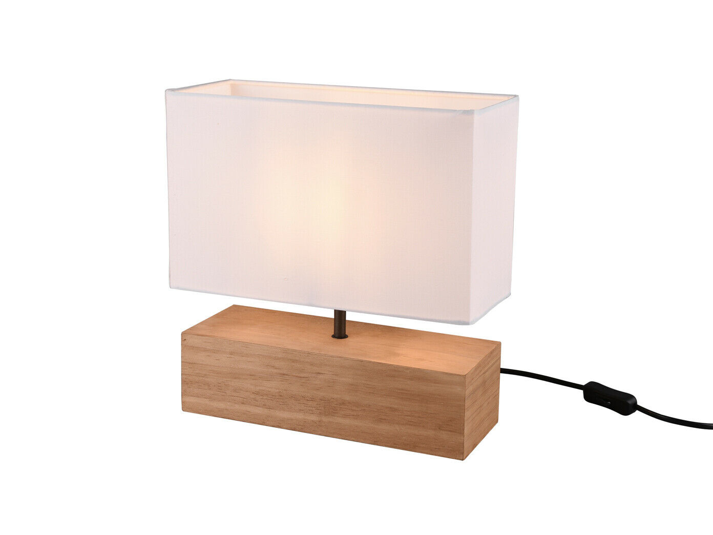 Tischlampe mit Holzfuß textilschirm beleuchtet Tischleuchte mit rechteckigem weißen Textilschirm und natürlichem Holzfuß  angeschaltet auf weiße Oberfläche