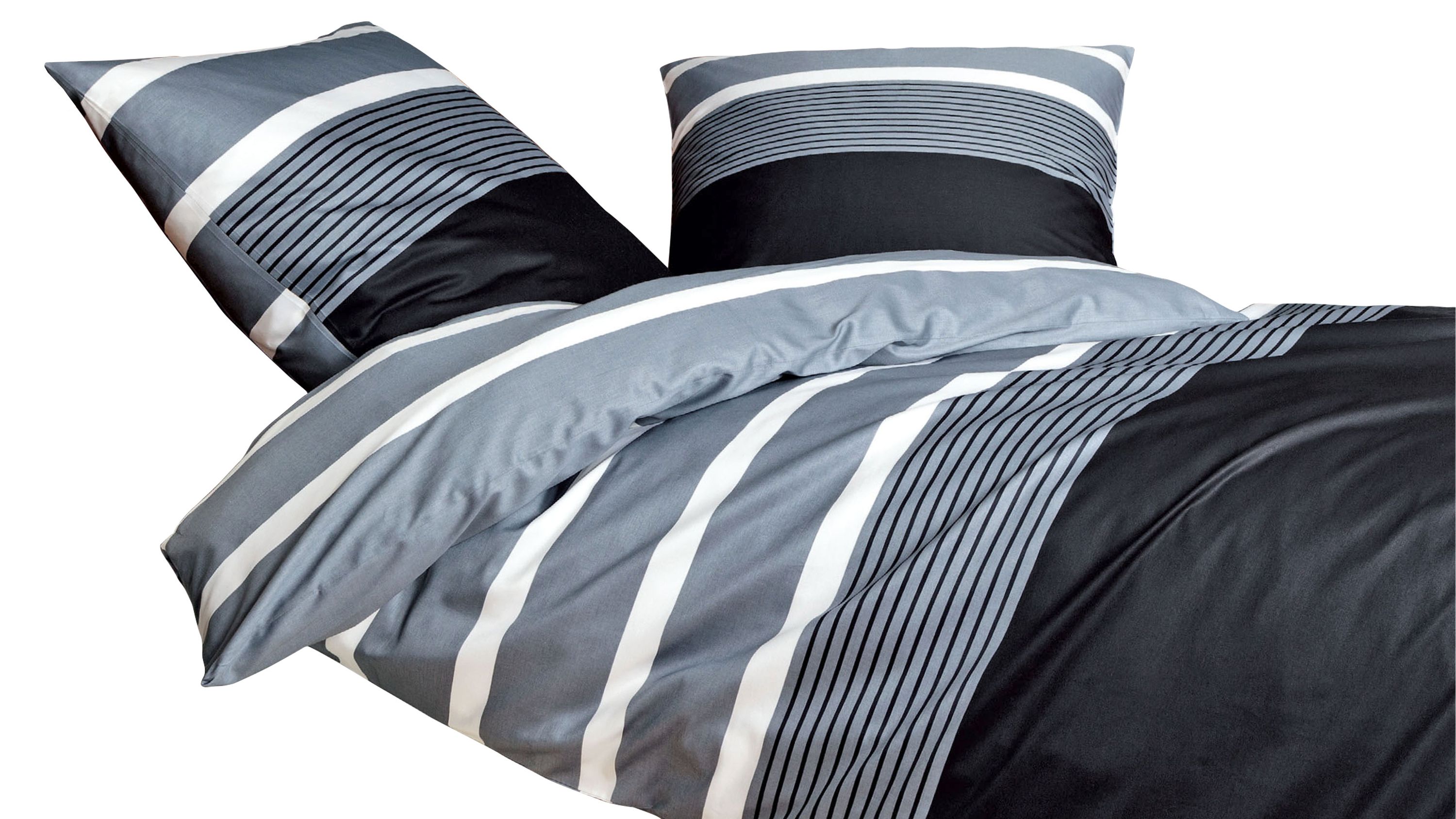 Bettwäsche-Set mit Kissenbezügen und Decke in grau schwarz und weiß gestreift