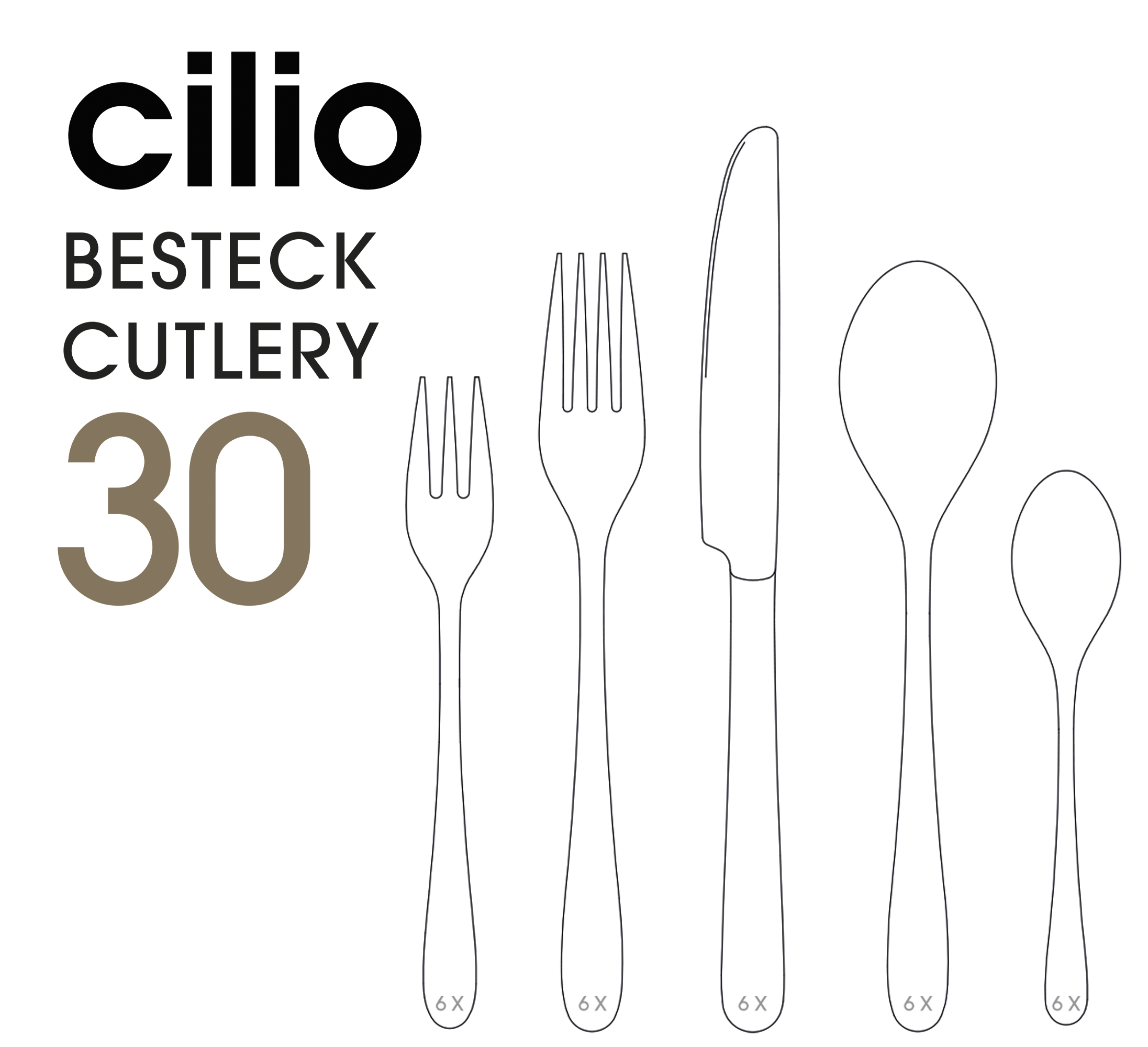 Umrisse von fünf Besteckteilen in verschiedenen Größen und Formen in einer Reihe