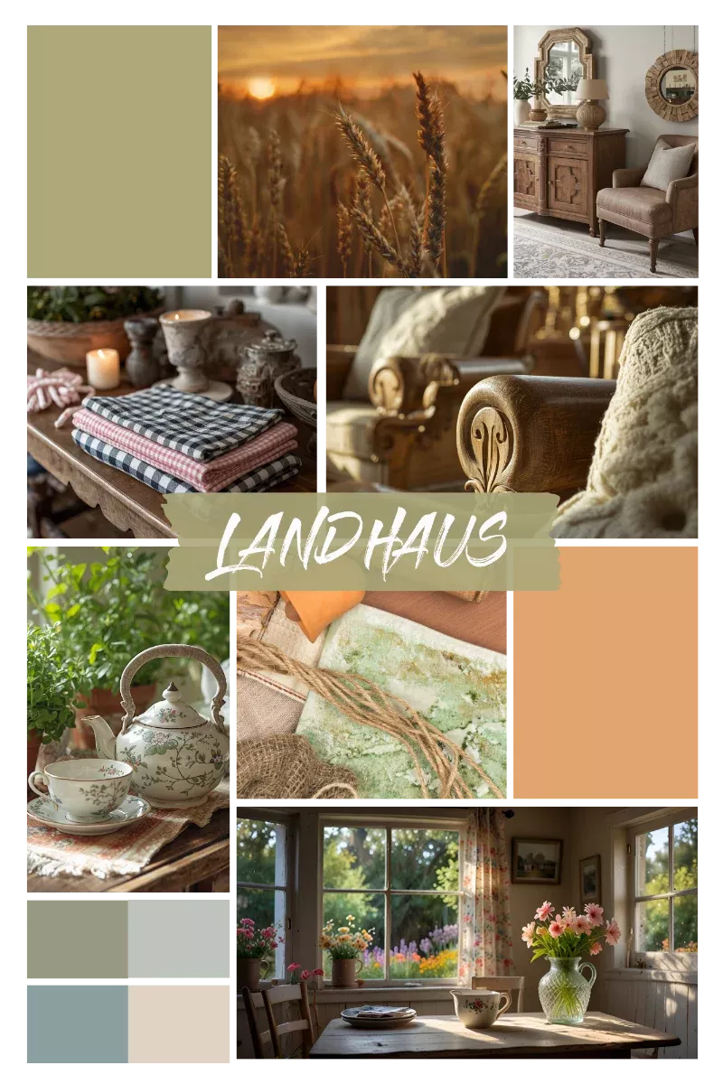 Collage im Landhausstil mit Holzmöbeln, karierten Textilien, Kerzenlicht, Blumenvasen, Teeservice und gemütlichem Wohnambiente in warmen Naturfarben