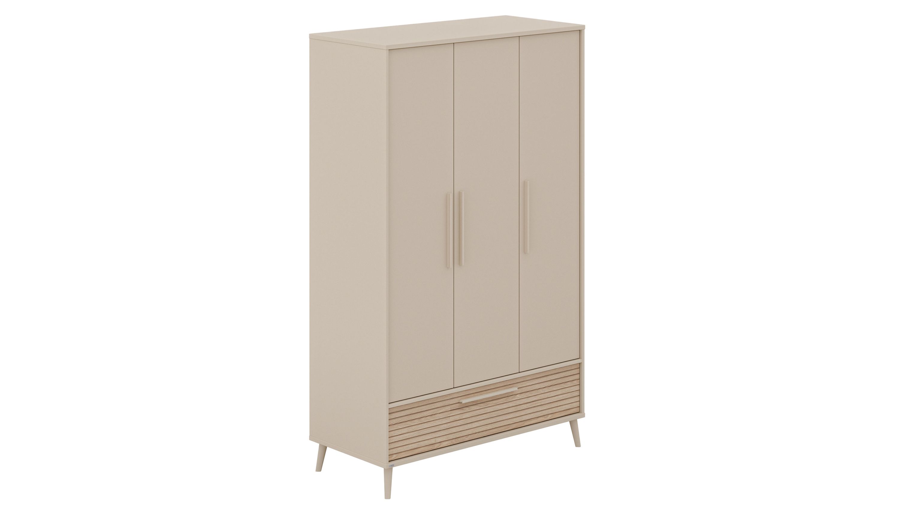Drehtürenschrank mit drei Türen und einer Schublade in beige mit Holzstruktur unten