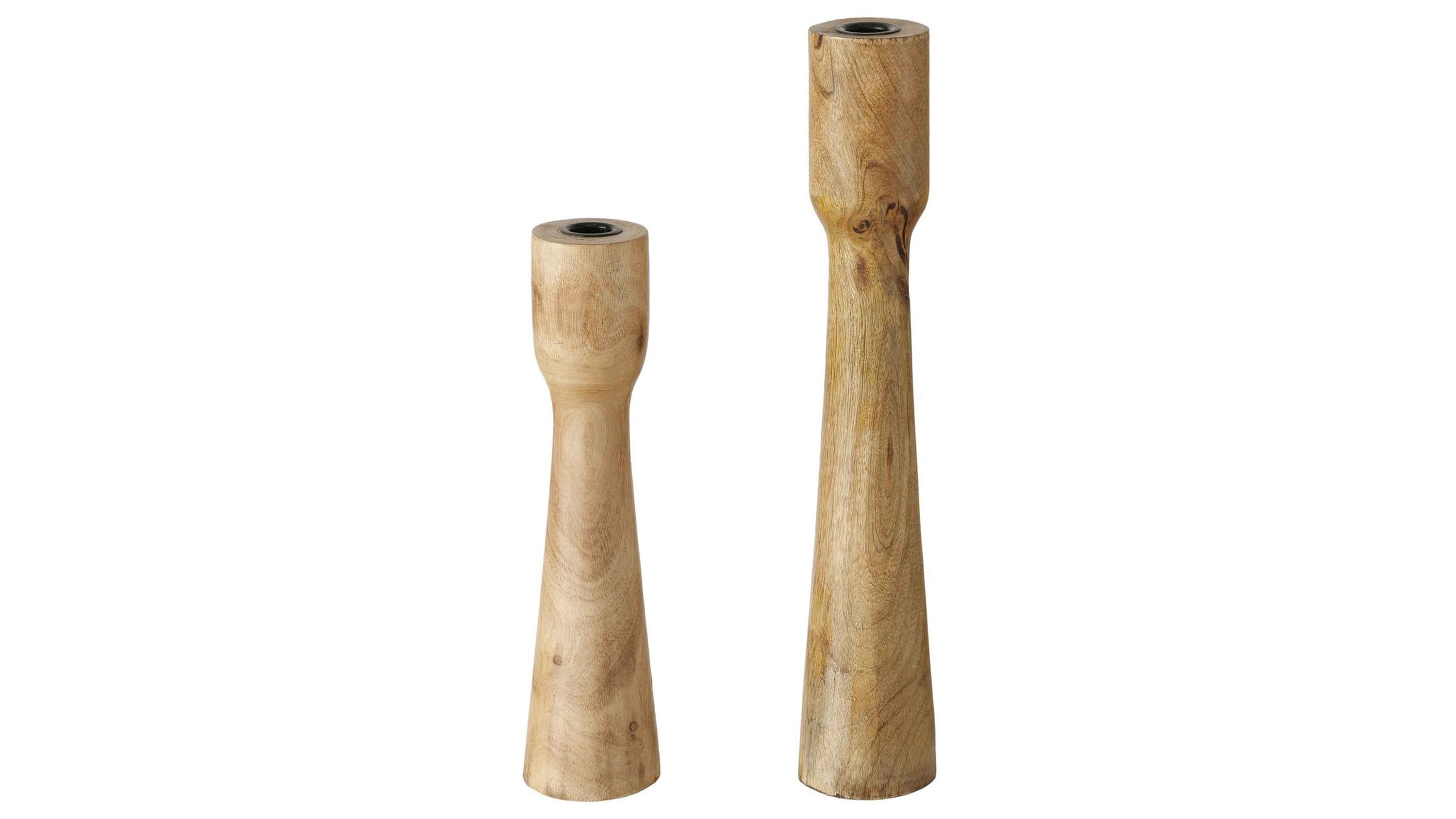 Zweiteiliges Kerzenleuchter-Set aus hellem Holz mit schmaler konischer Form