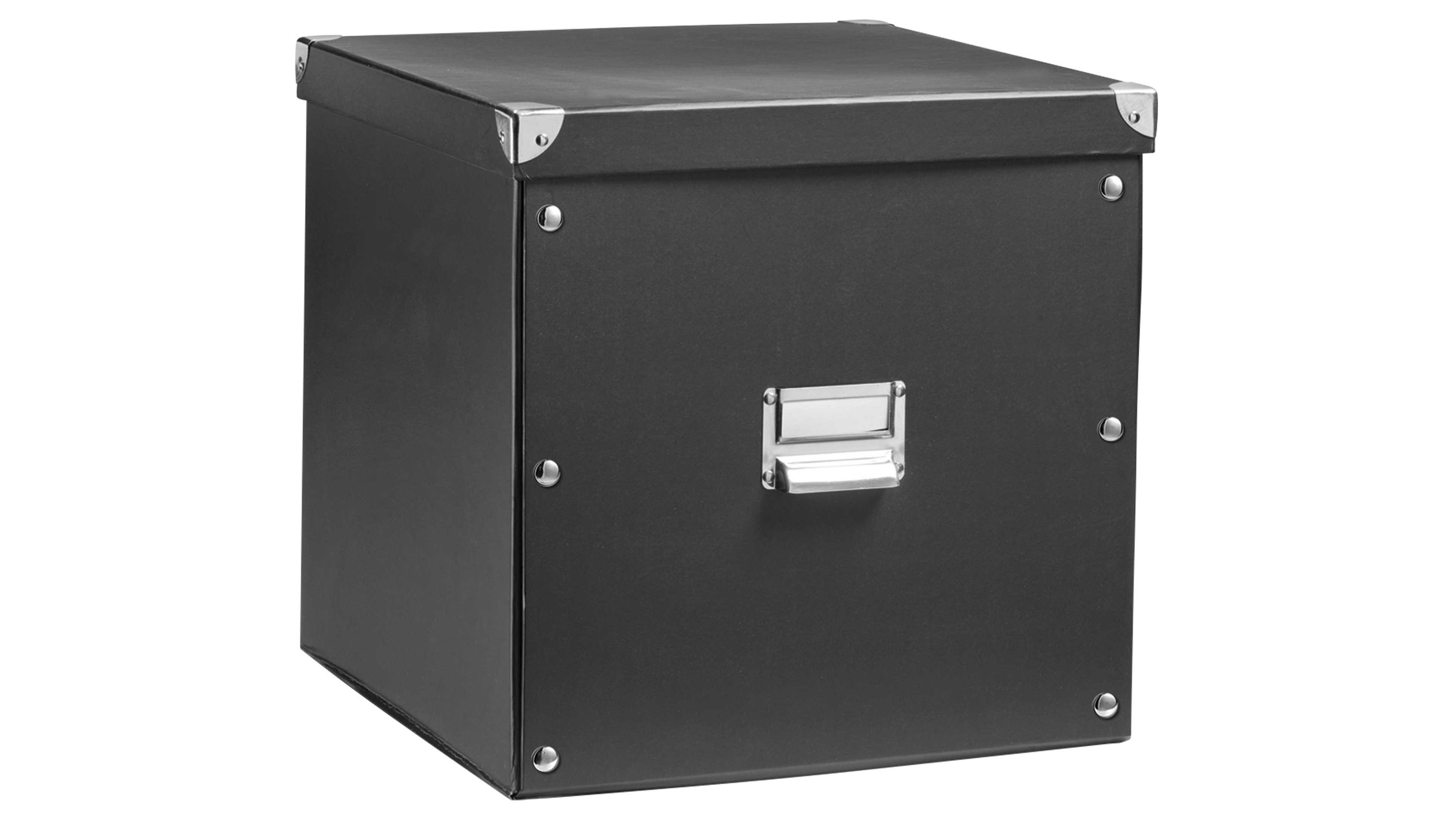 Schwarze quadratische Aufbewahrungsbox aus Pappe mit Metallgriffen und verstärkten Ecken