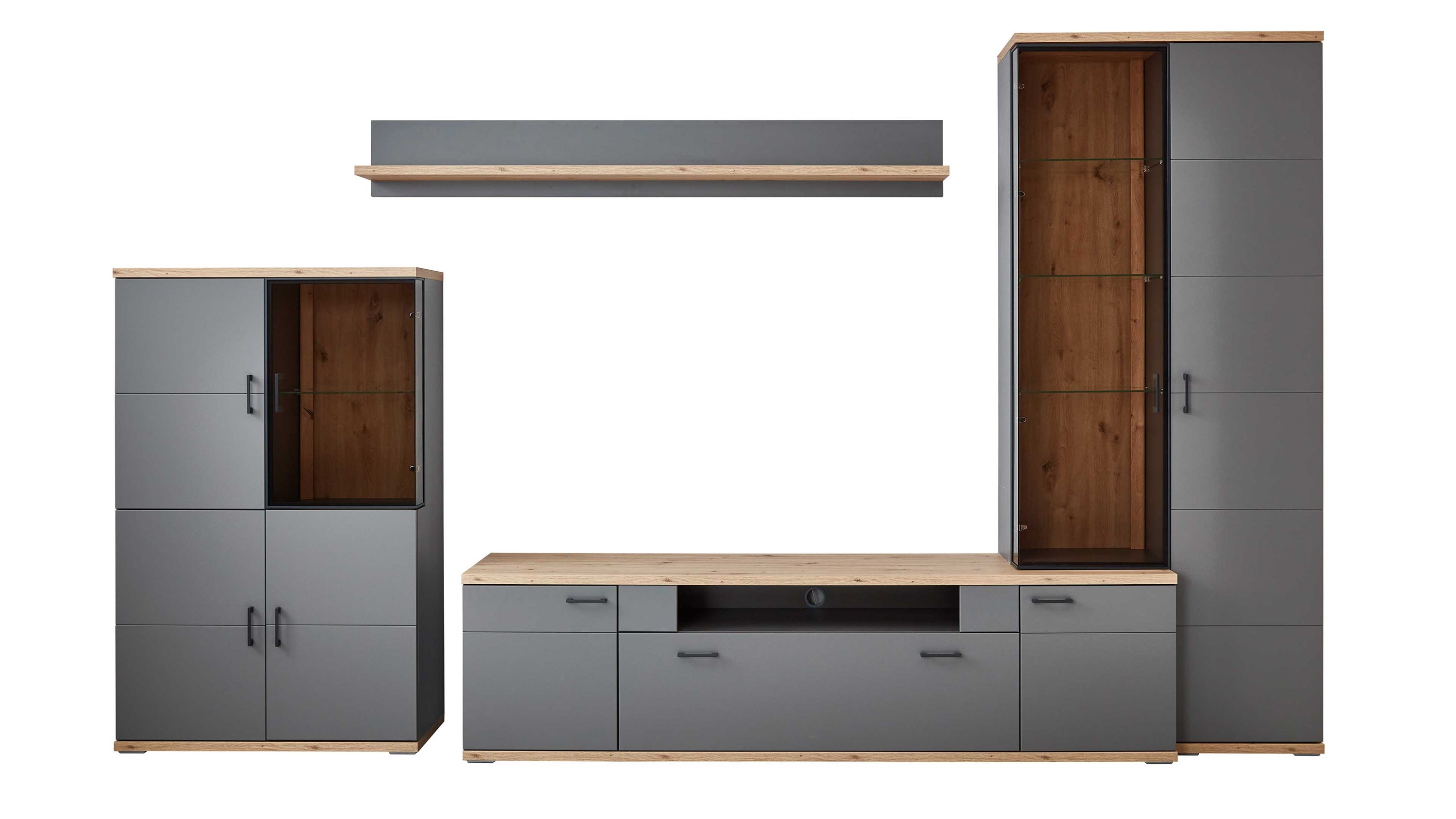 Vierteilige Wohnwand in Grau und Holzfarben Wohnwand mit grauen Fronten und holzfarbenen Flächen: Vitrinenschrank, Sideboard, hoher Schrank und Wandregal