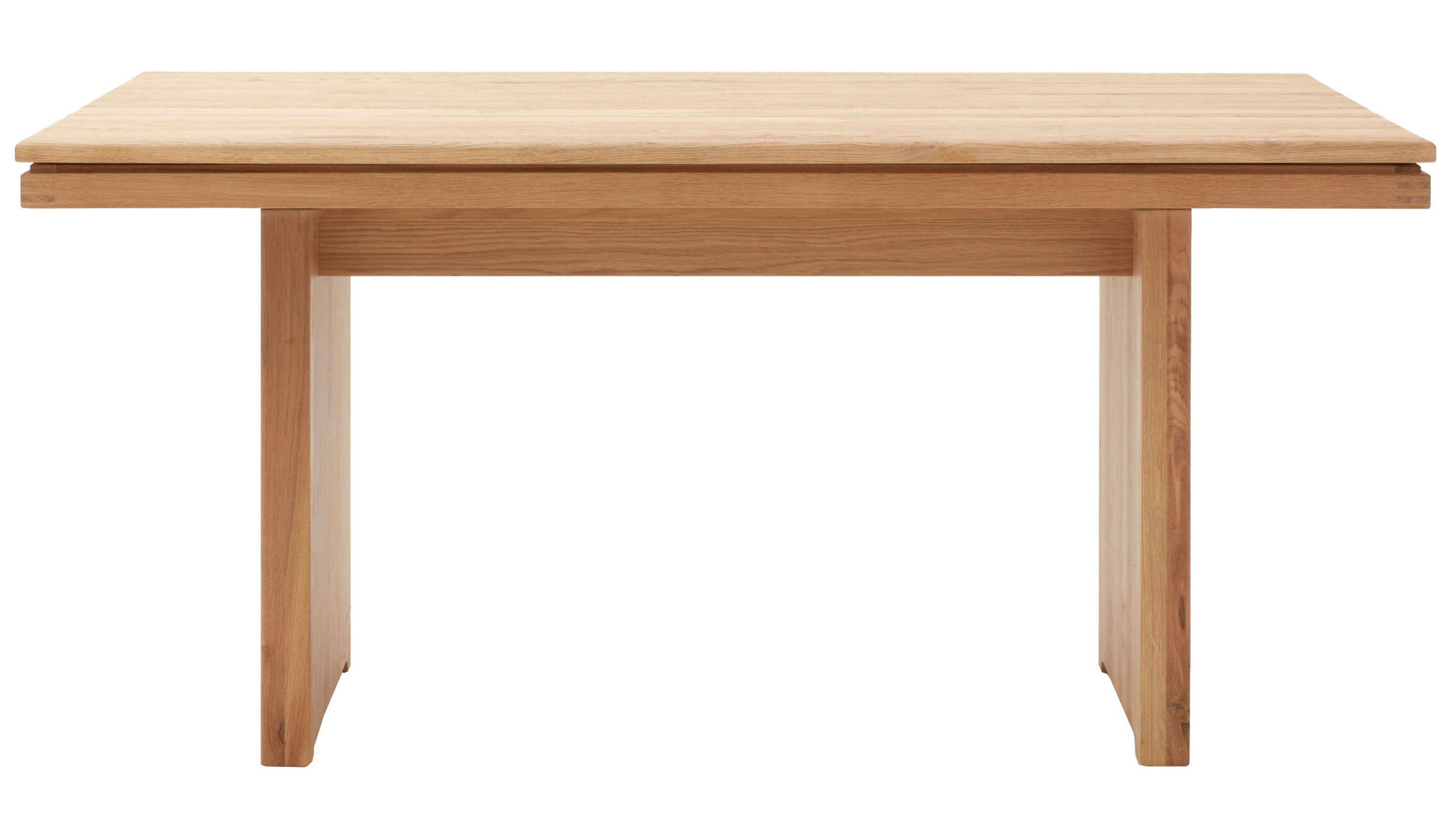 Massivholztisch mit rechteckiger Platte und zwei breiten Beinen in heller Holzfarbe