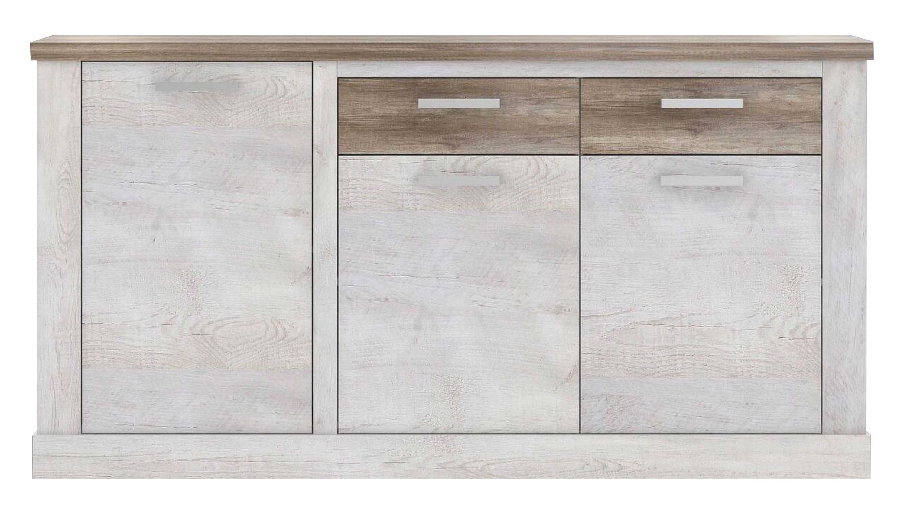 Sideboard mit drei Türen und zwei Schubladen in weiß und braun mit Holzoptik
