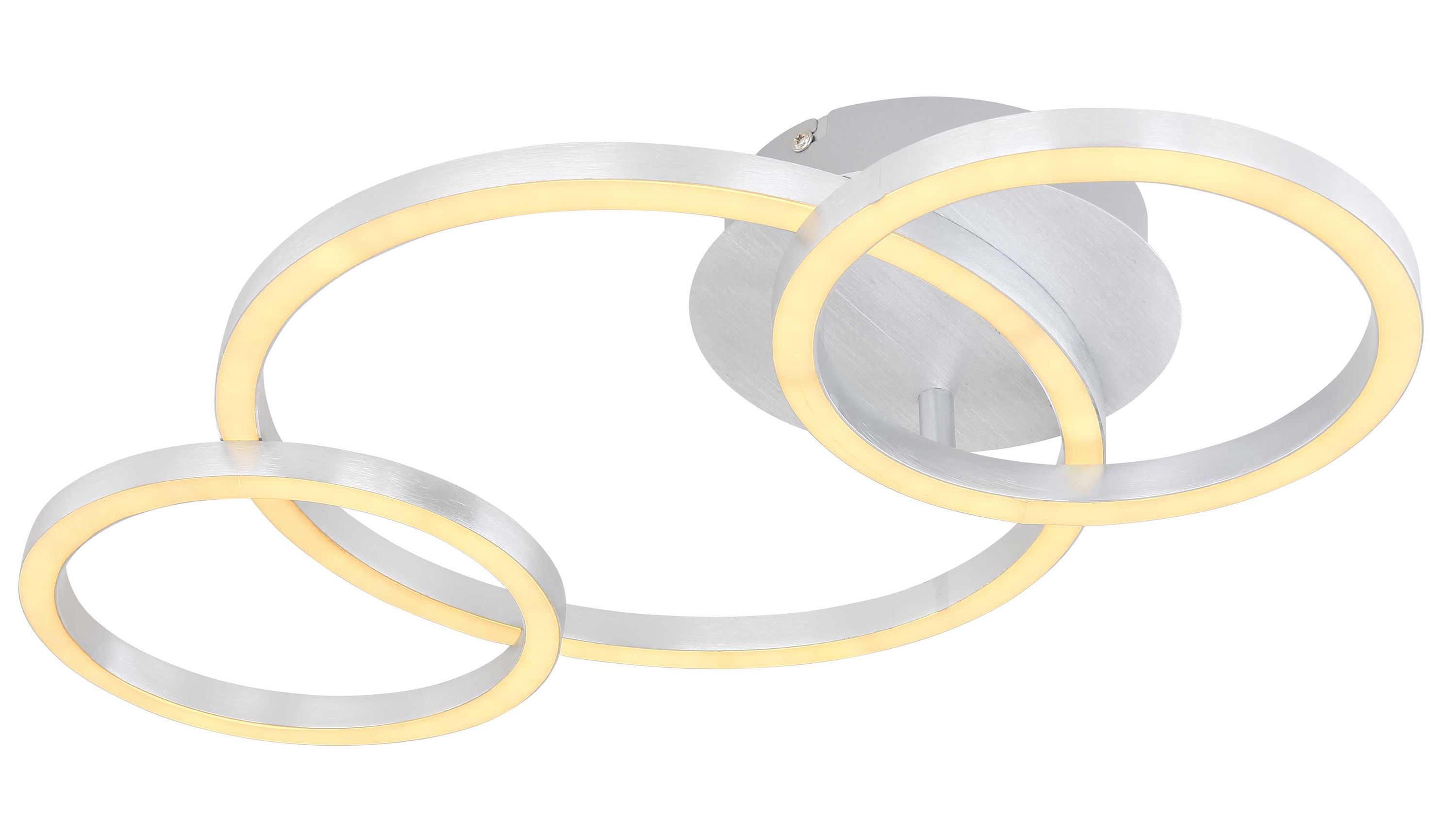 Deckenlampe mit drei Ringen in Aluminium und opalfarbenen Leuchtflächen Deckenlampe mit drei ineinander greifenden Ringen in Aluminium mit opalfarbenen Leuchtflächen