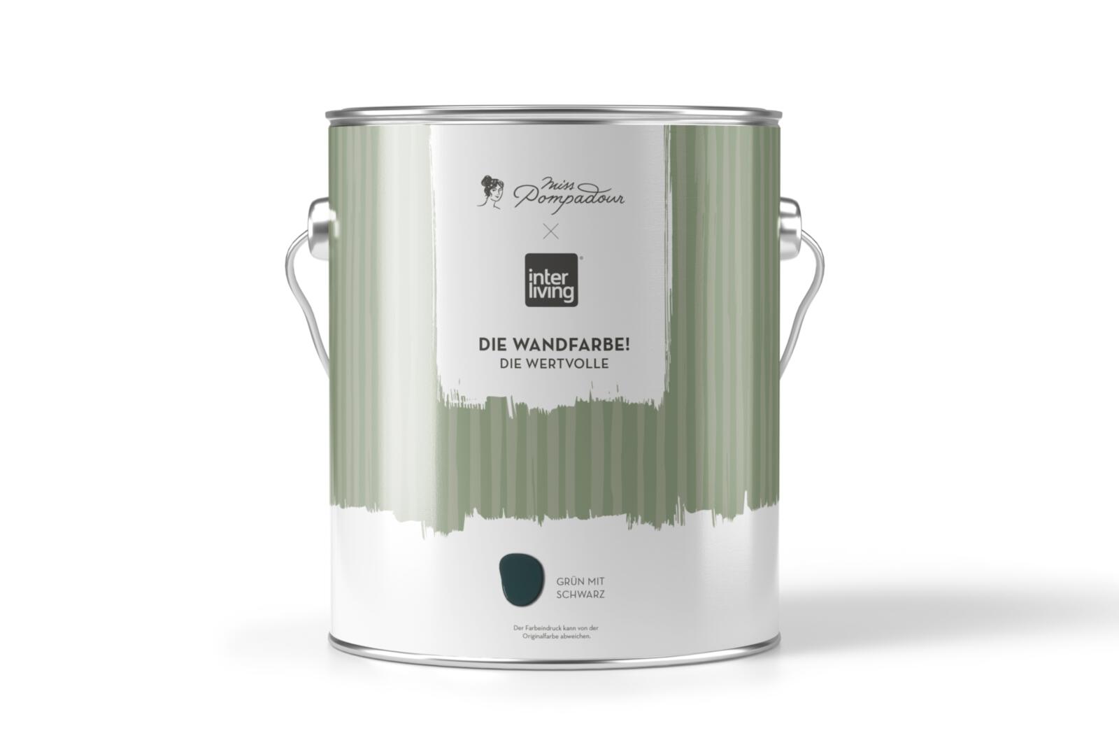 Wandfarbe im Farbeimer interliving x Miss Pompadour  Die Wandfarbe Die Wertvolle Farbton Grün mit Schwarz
