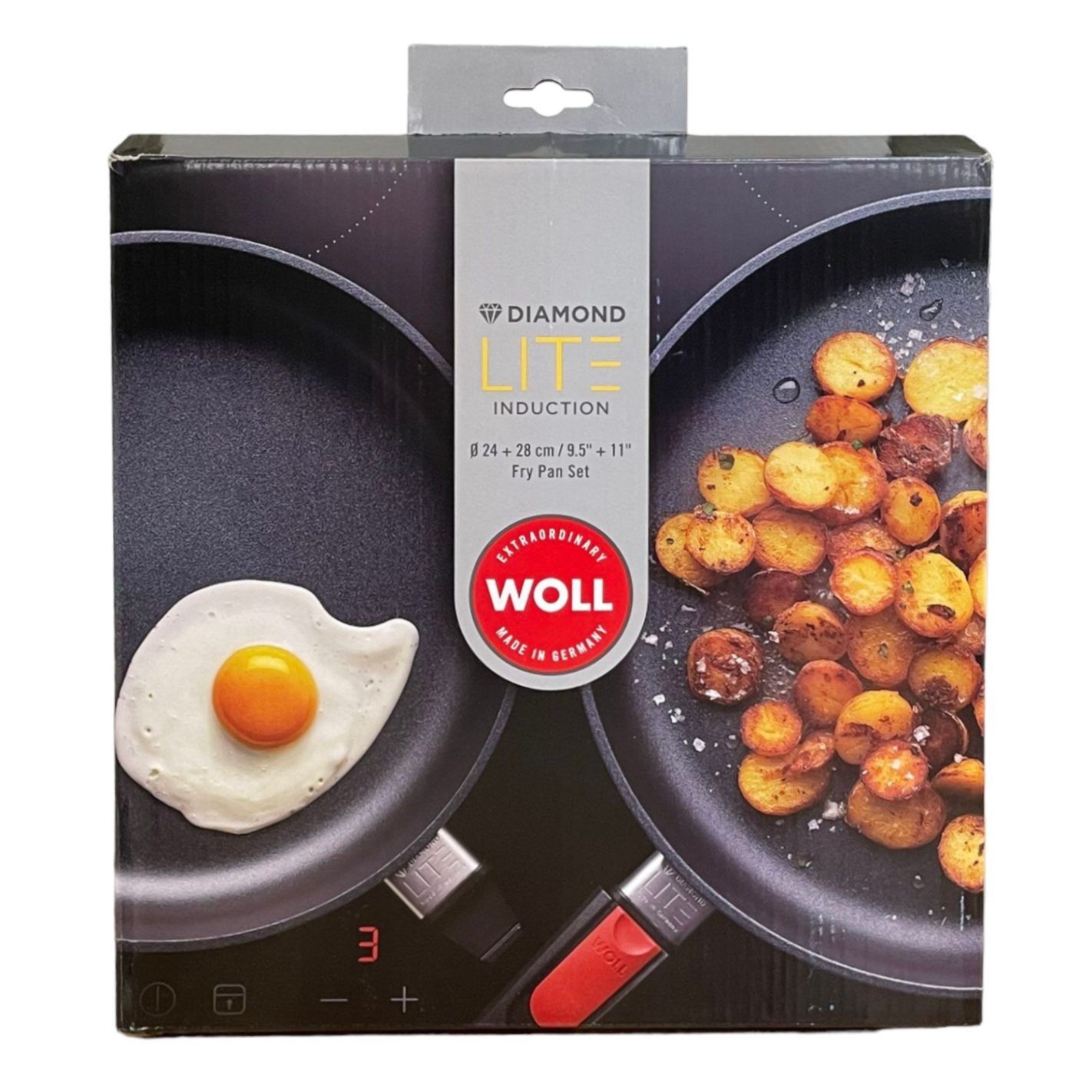 Frontalansicht einer Verpackung des Diamond Lite Pfannensets mit zwei Pfannen eine mit Spiegelei eine mit Bratkartoffeln