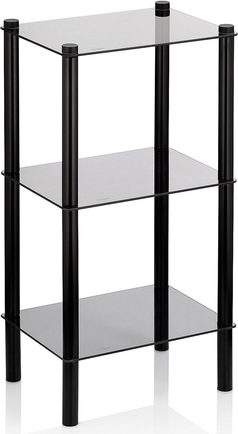 Modernes Glasregal mit schwarzem Metall, 3 Ebenen Dreistufiges Regal mit schwarzen Streben und Glasböden