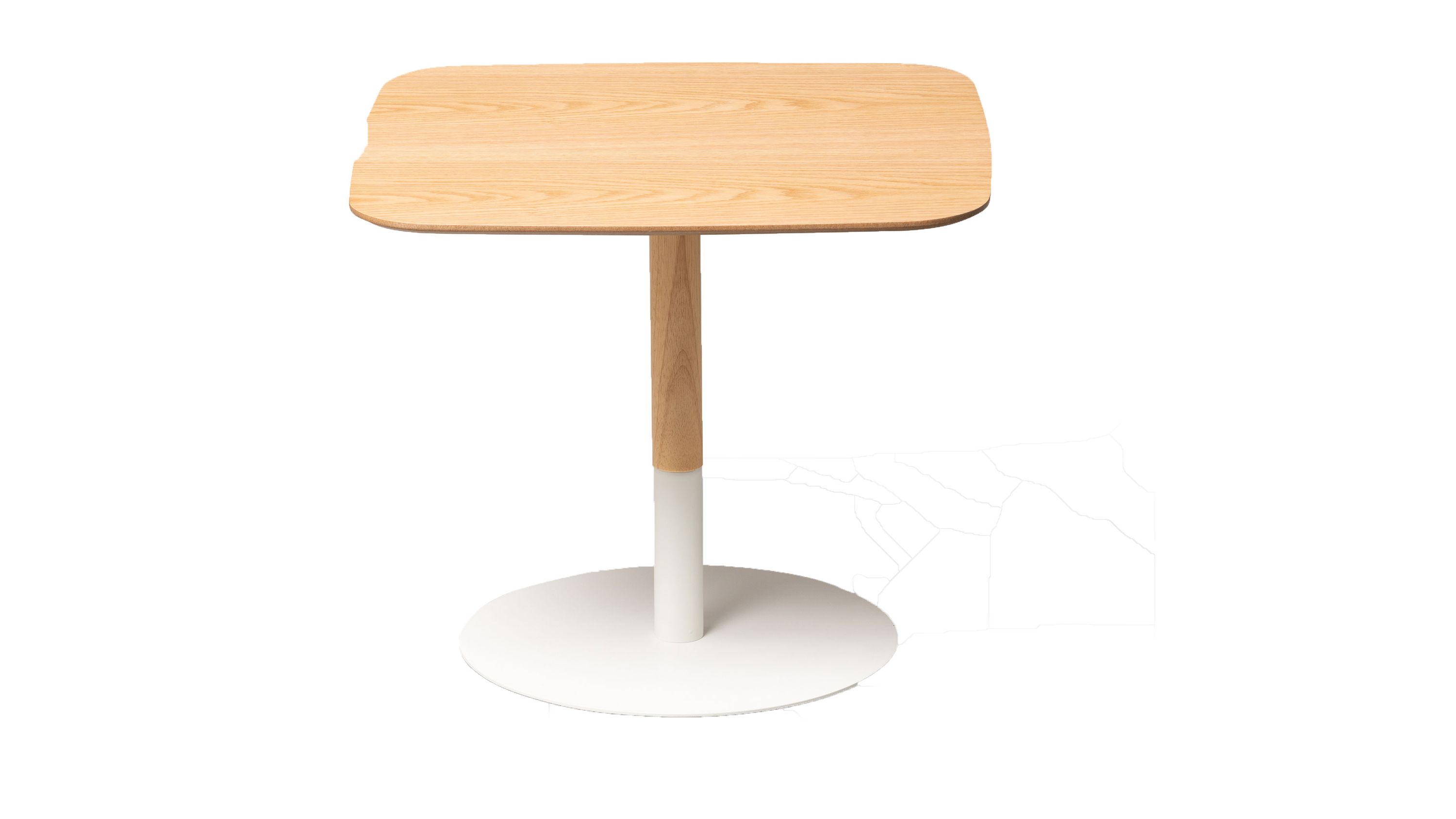 Beistelltisch mit quadratischer abgerundeter Holzplatte und weißem rundem Fuß