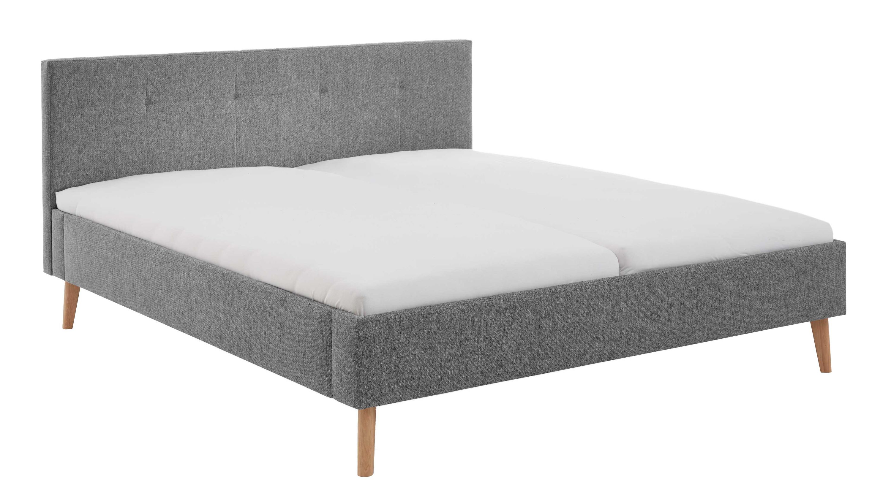 Polsterbett mit gestepptem Kopfteil und Holzfüßen Graues Polsterbett mit gestepptem Kopfteil und Holzfüßen mit weißer Matratze