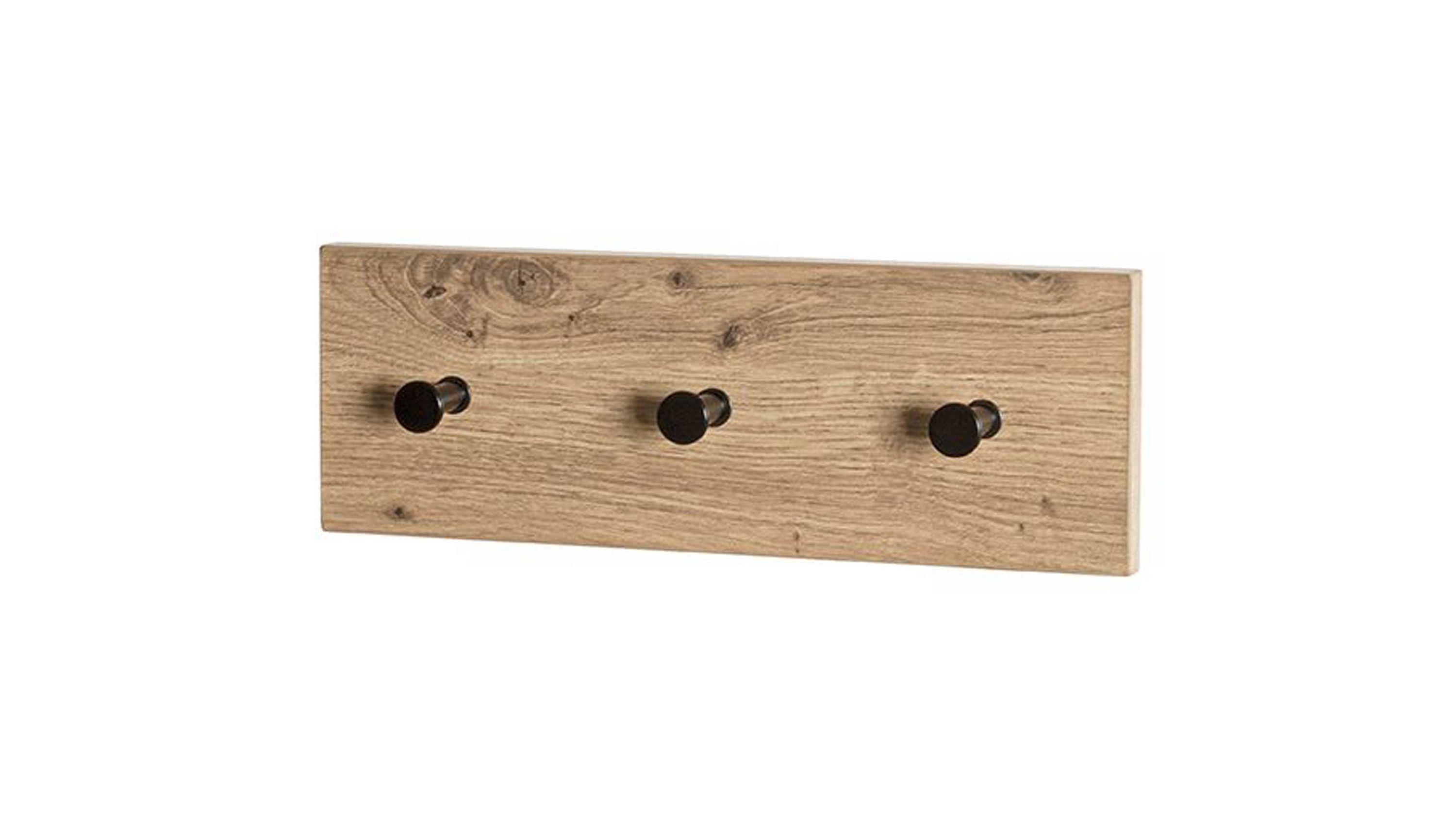 Rechteckige Wandgarderobe aus hellem Holz mit drei schwarzen runden Haken