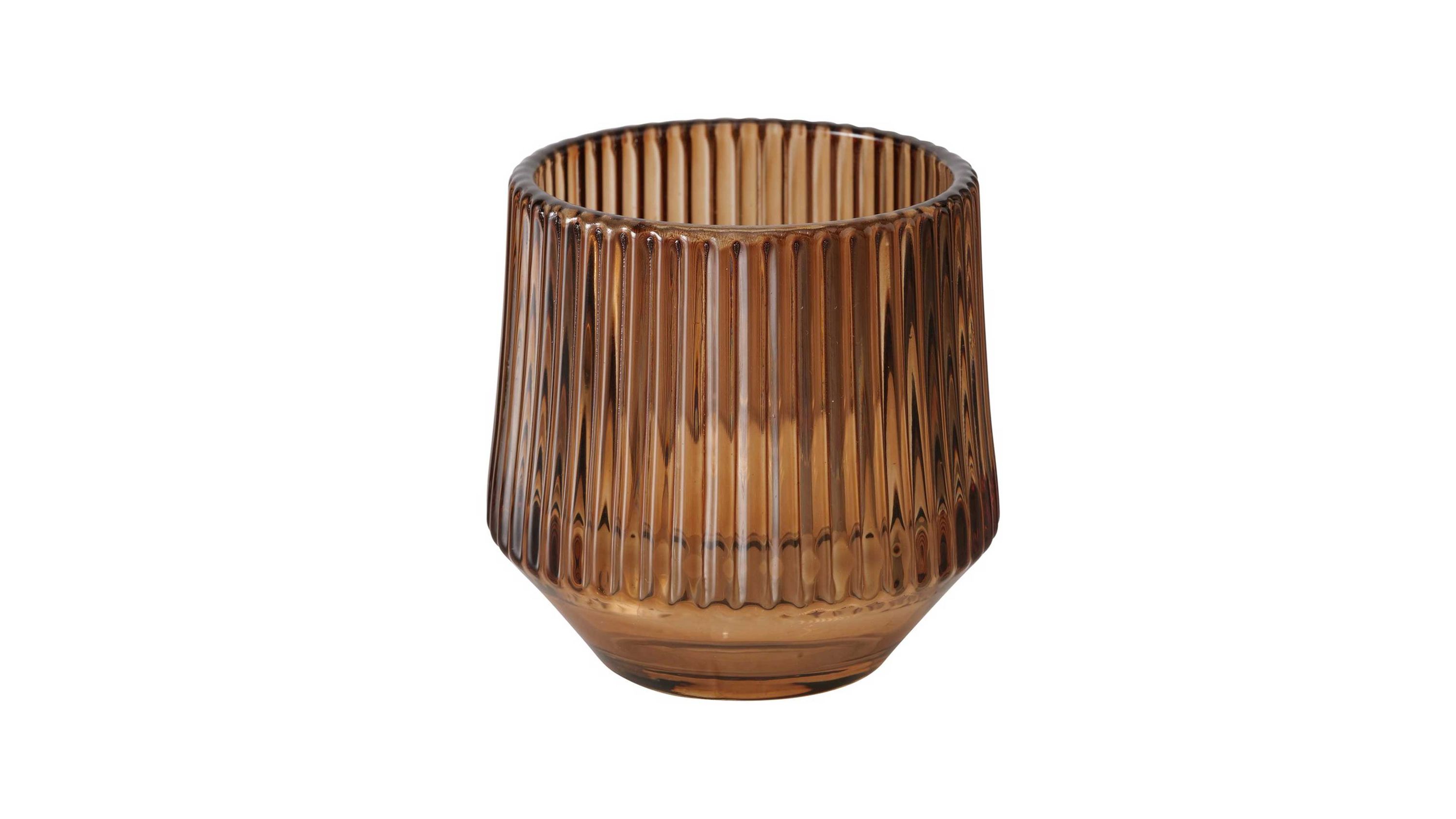 Teelichtglas mit geriffelter Oberfläche in Braun Braunes Teelichtglas mit geriffelter Oberfläche und rundem leicht konischem Körper